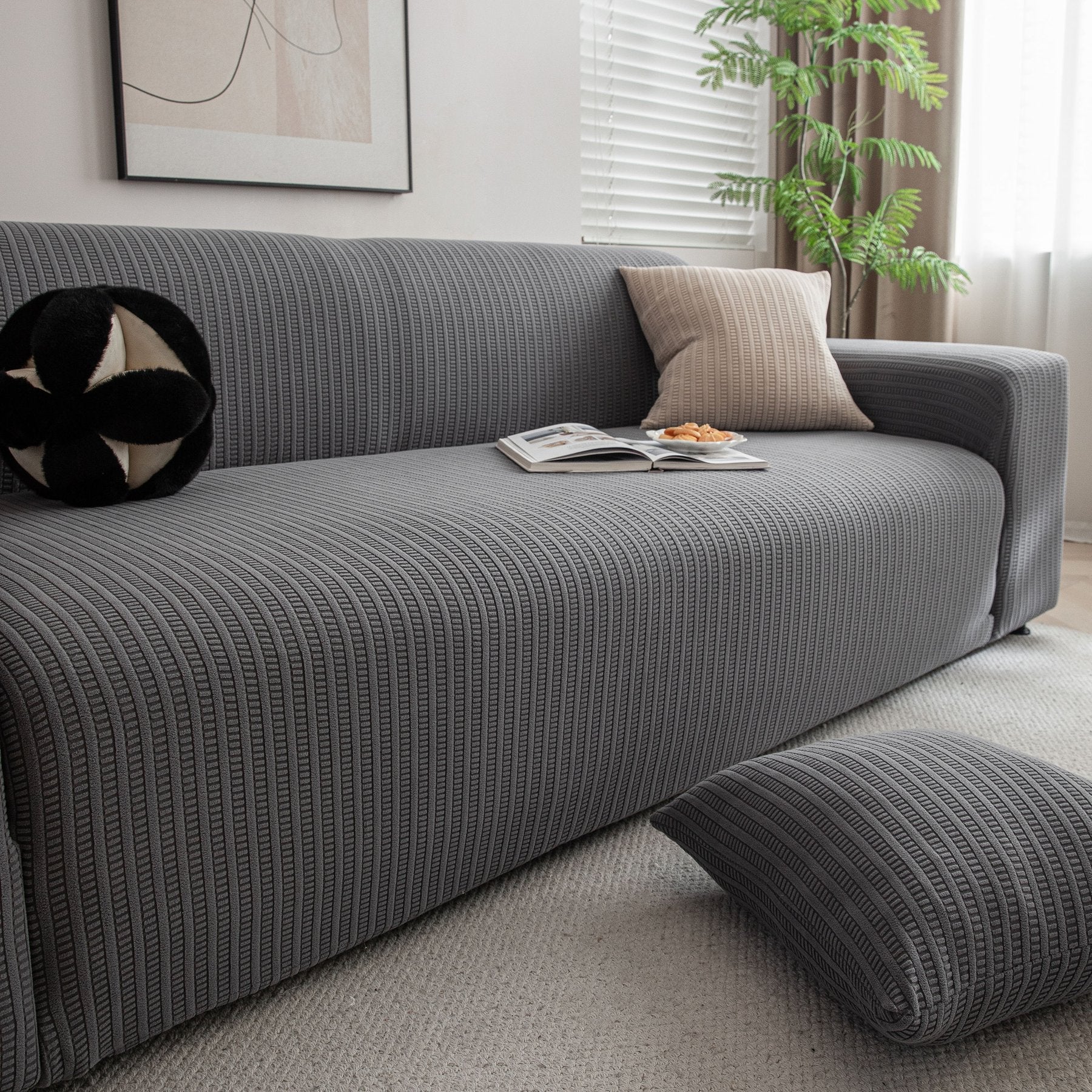 3D Grid Jacquard Sofa Cover, High Stretch Plush Waffle Couch Slipcover with Tie Straps