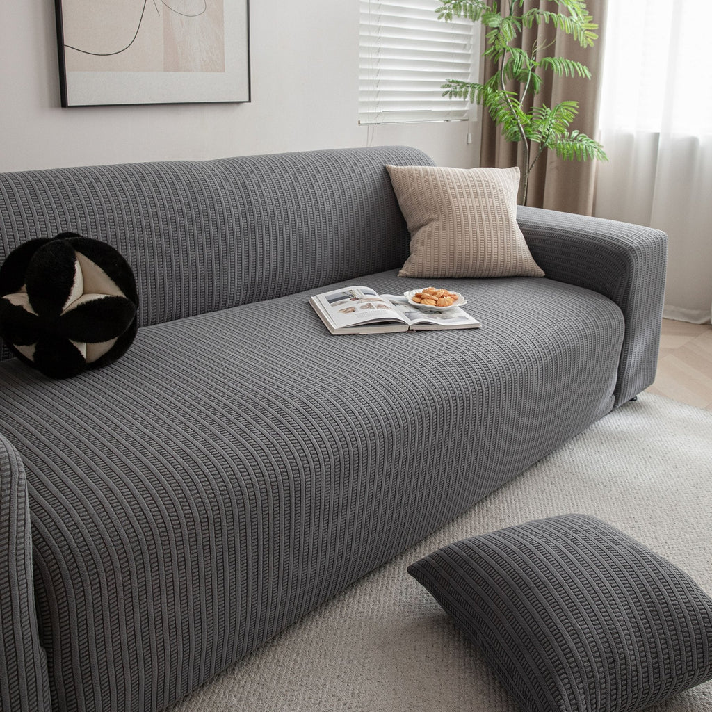 3D Grid Jacquard Sofa Cover, High Stretch Plush Waffle Couch Slipcover with Tie Straps