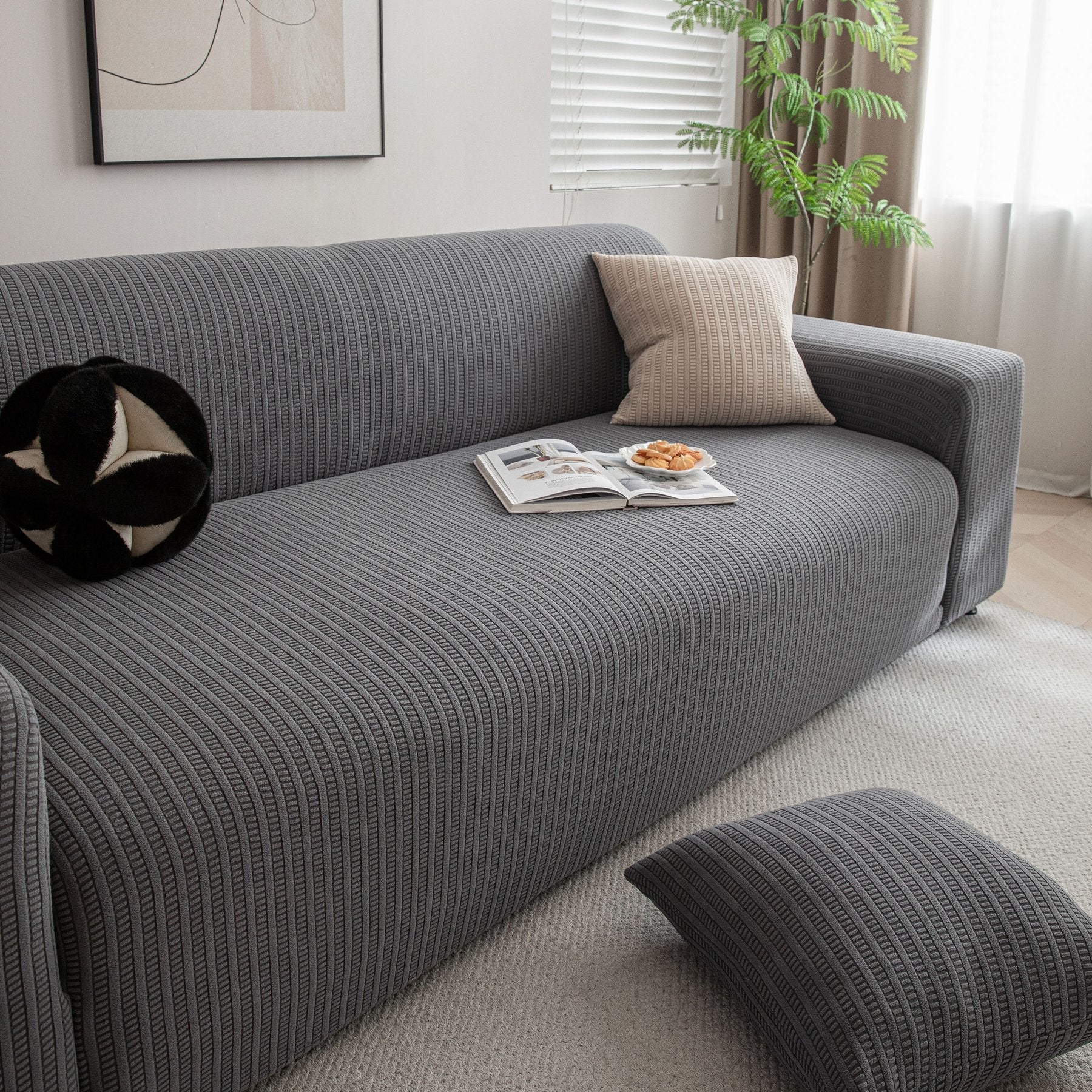 3D Grid Jacquard Sofa Cover, High Stretch Plush Waffle Couch Slipcover with Tie Straps