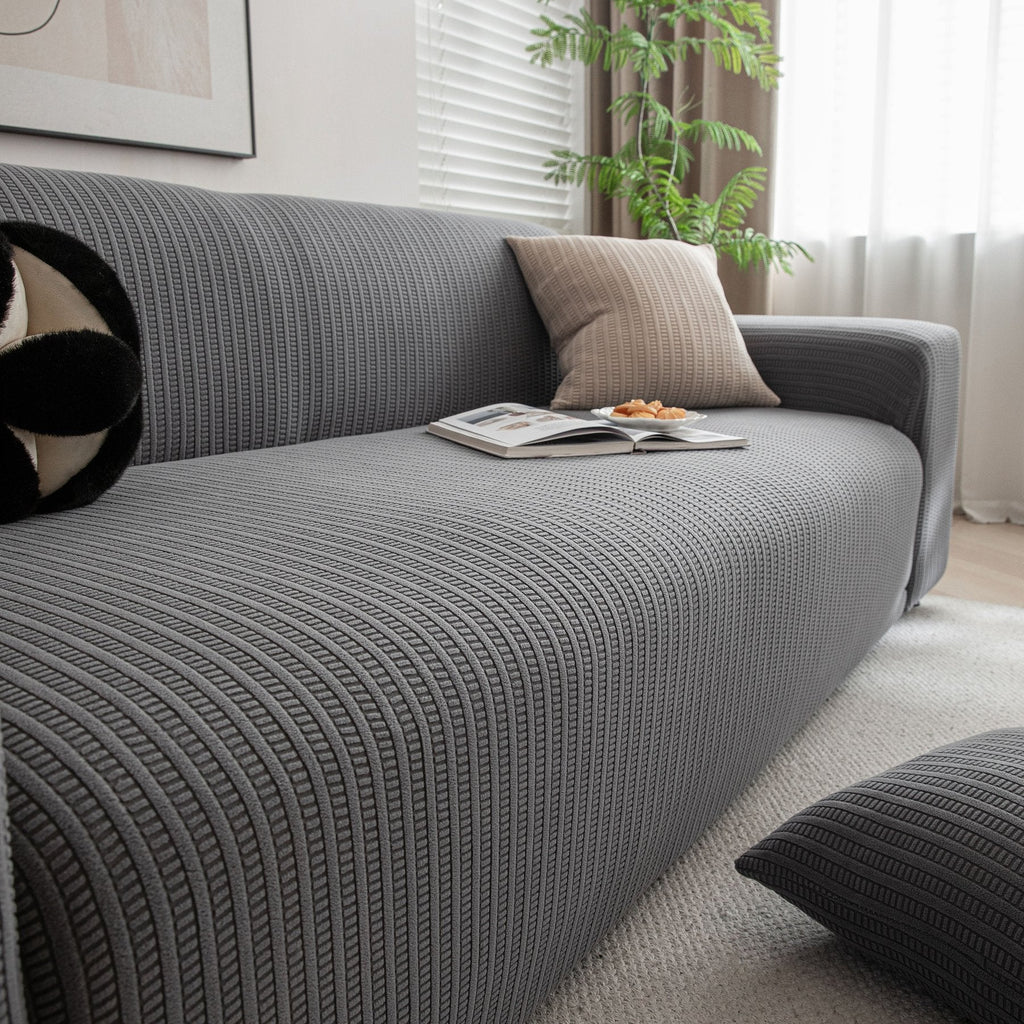 3D Grid Jacquard Sofa Cover, High Stretch Plush Waffle Couch Slipcover with Tie Straps
