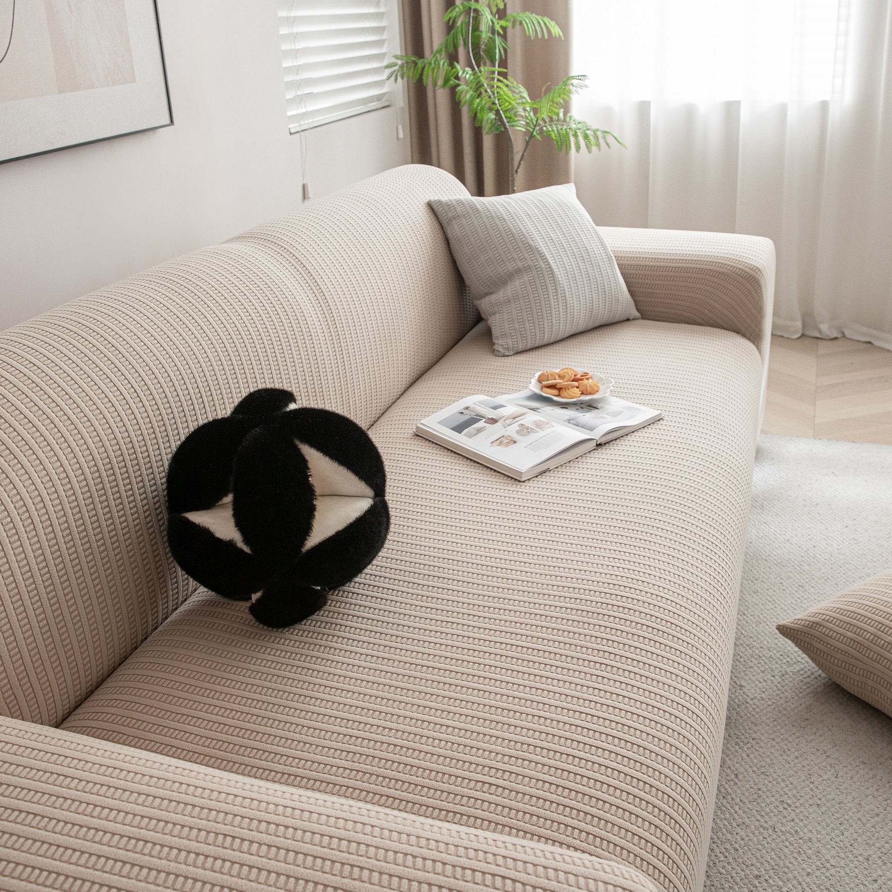 3D Grid Jacquard Sofa Cover, High Stretch Plush Waffle Couch Slipcover with Tie Straps