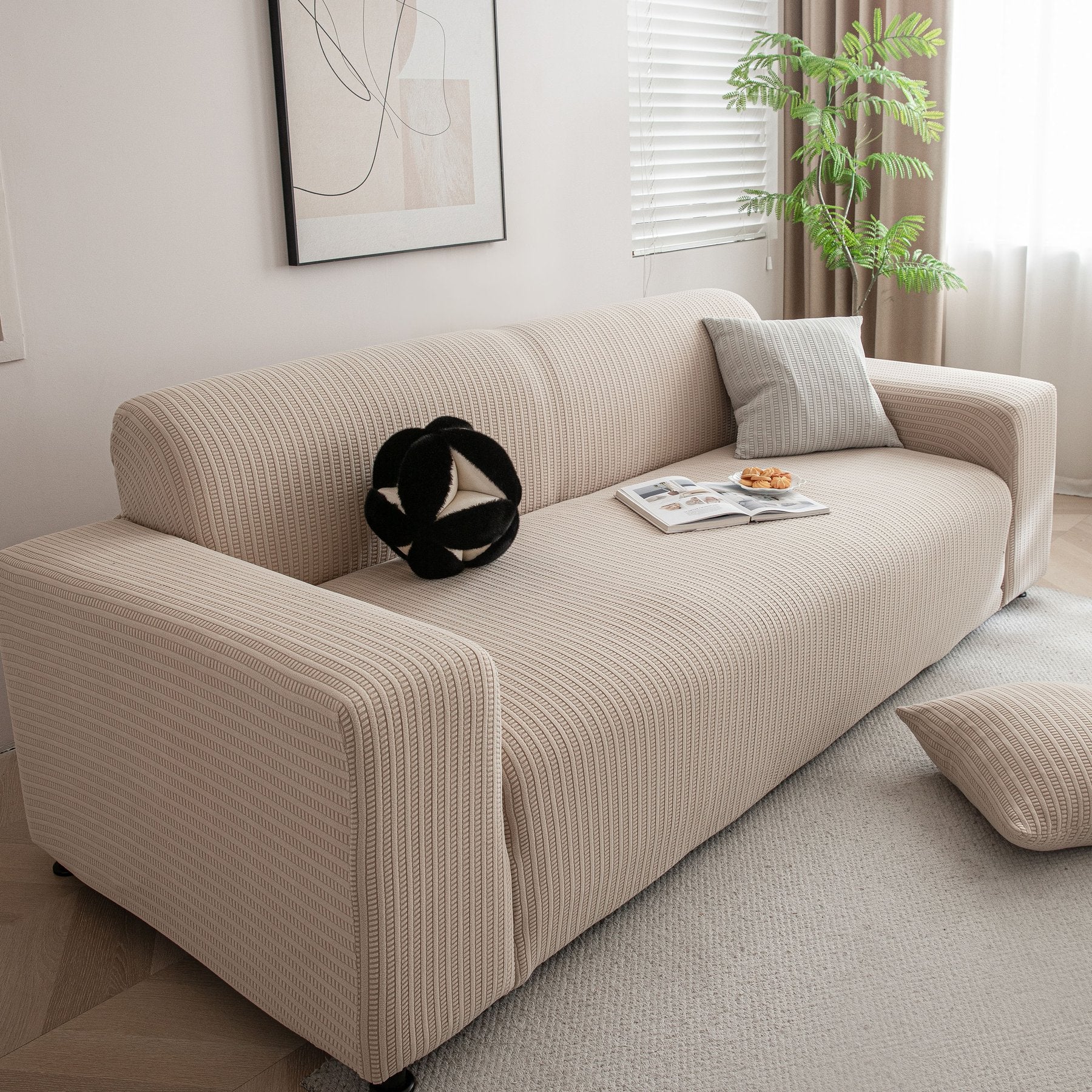 3D Grid Jacquard Sofa Cover, High Stretch Plush Waffle Couch Slipcover with Tie Straps
