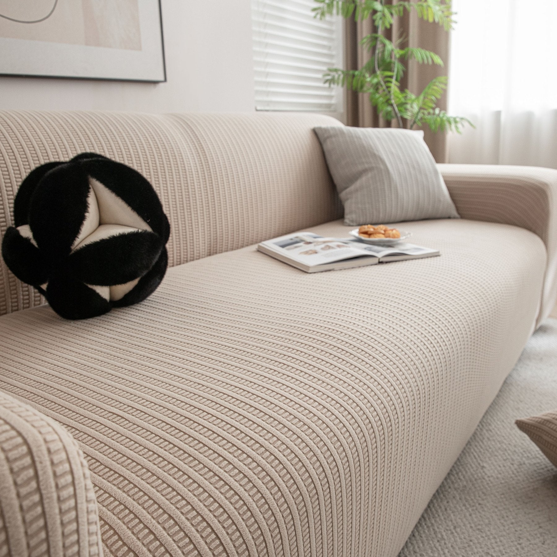 3D Grid Jacquard Sofa Cover, High Stretch Plush Waffle Couch Slipcover with Tie Straps