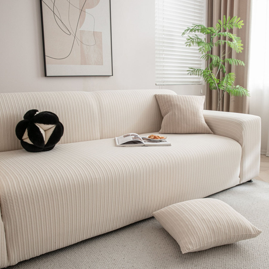 3D Grid Jacquard Sofa Cover, High Stretch Plush Waffle Couch Slipcover with Tie Straps