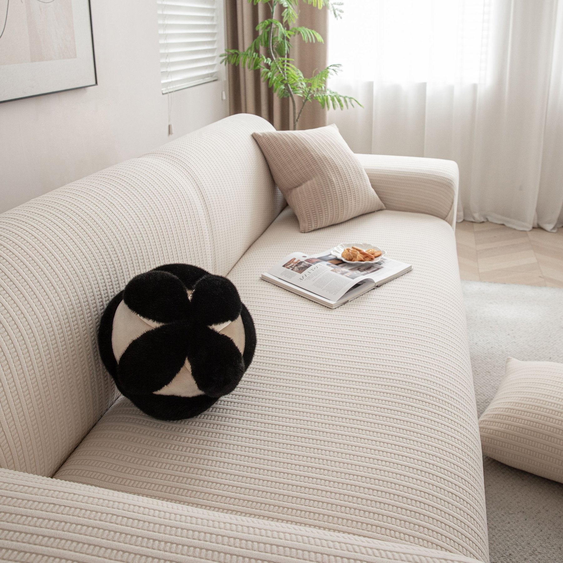 3D Grid Jacquard Sofa Cover, High Stretch Plush Waffle Couch Slipcover with Tie Straps