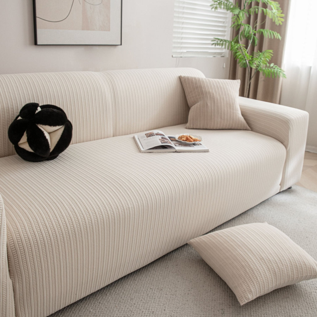 3D Grid Jacquard Sofa Cover, High Stretch Plush Waffle Couch Slipcover with Tie Straps