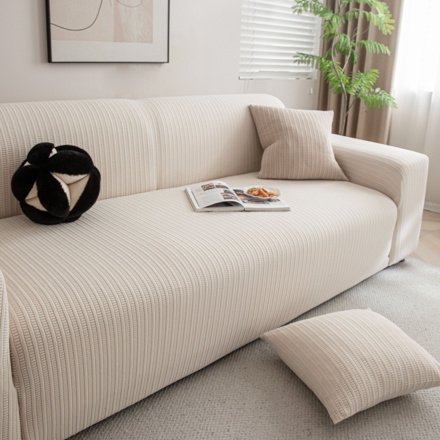 3D Grid Jacquard Sofa Cover, High Stretch Plush Waffle Couch Slipcover with Tie Straps