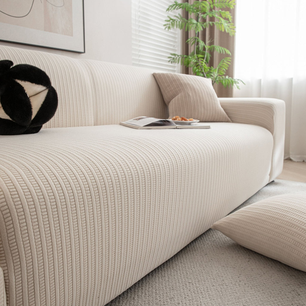 3D Grid Jacquard Sofa Cover, High Stretch Plush Waffle Couch Slipcover with Tie Straps
