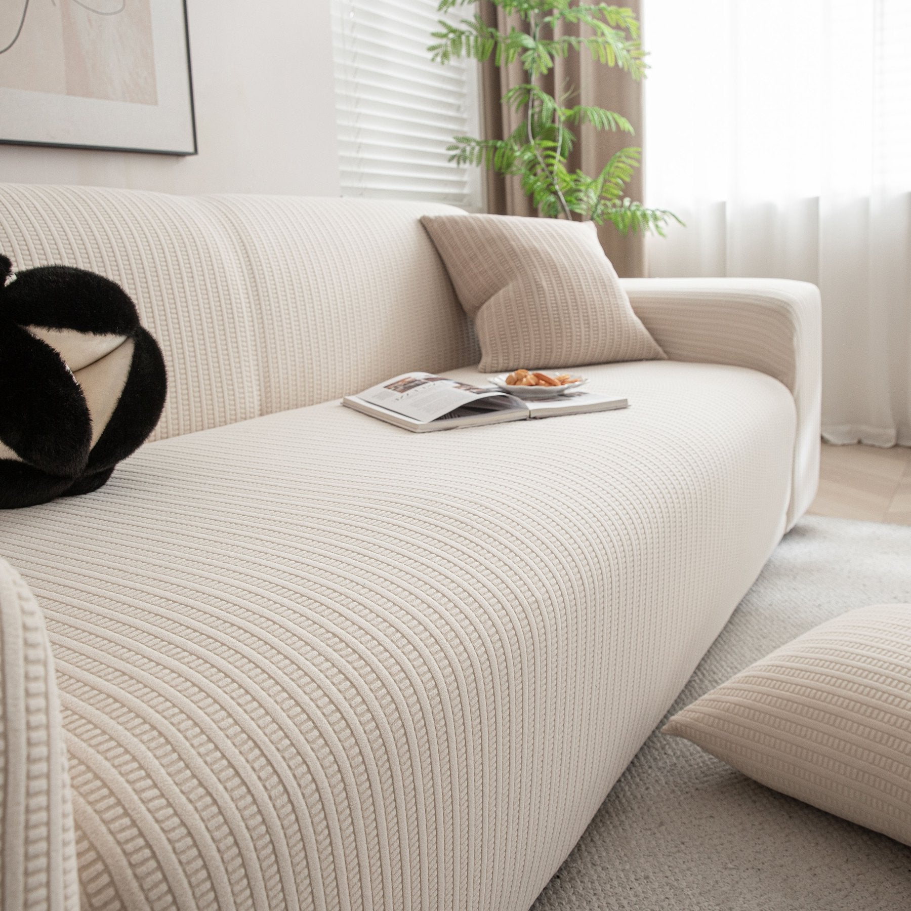 3D Grid Jacquard Sofa Cover, High Stretch Plush Waffle Couch Slipcover with Tie Straps