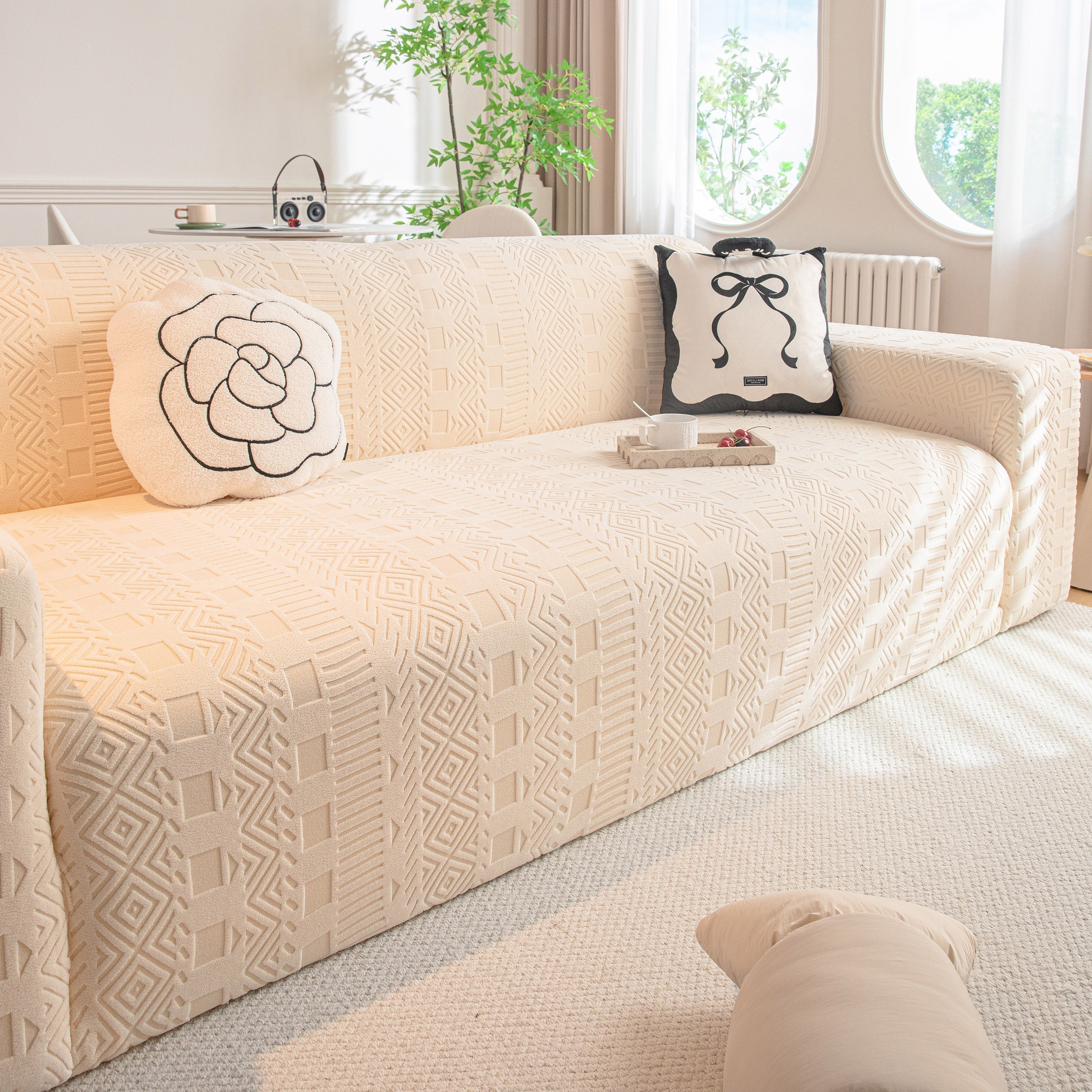 High Stretch Embossed Geometric Slipcover for Couch, Cozy Plush Fleece Couch Cover