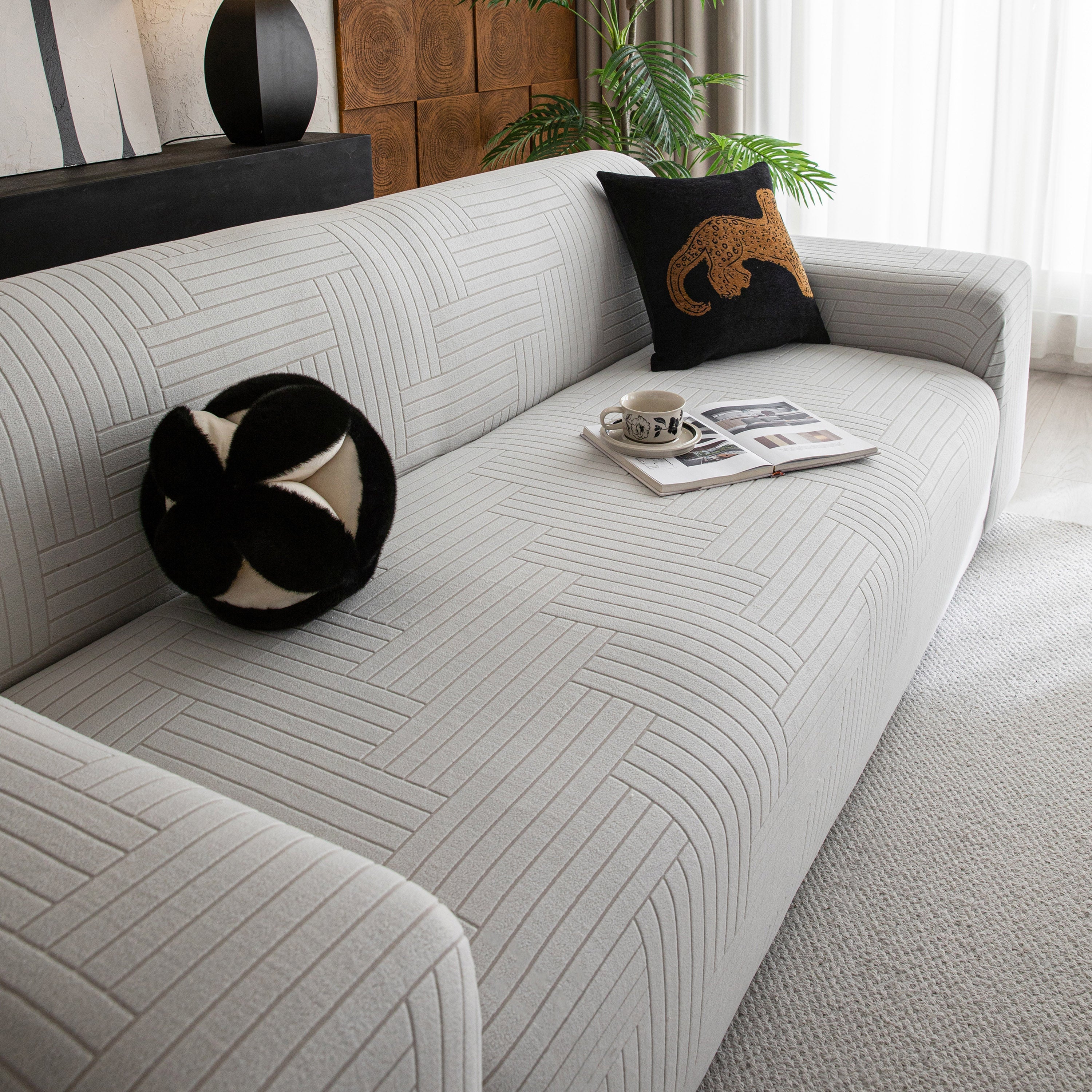 Modern Geometric Jacquard Spandex Slipcover, High Stretch Form Fitting Couch Cover
