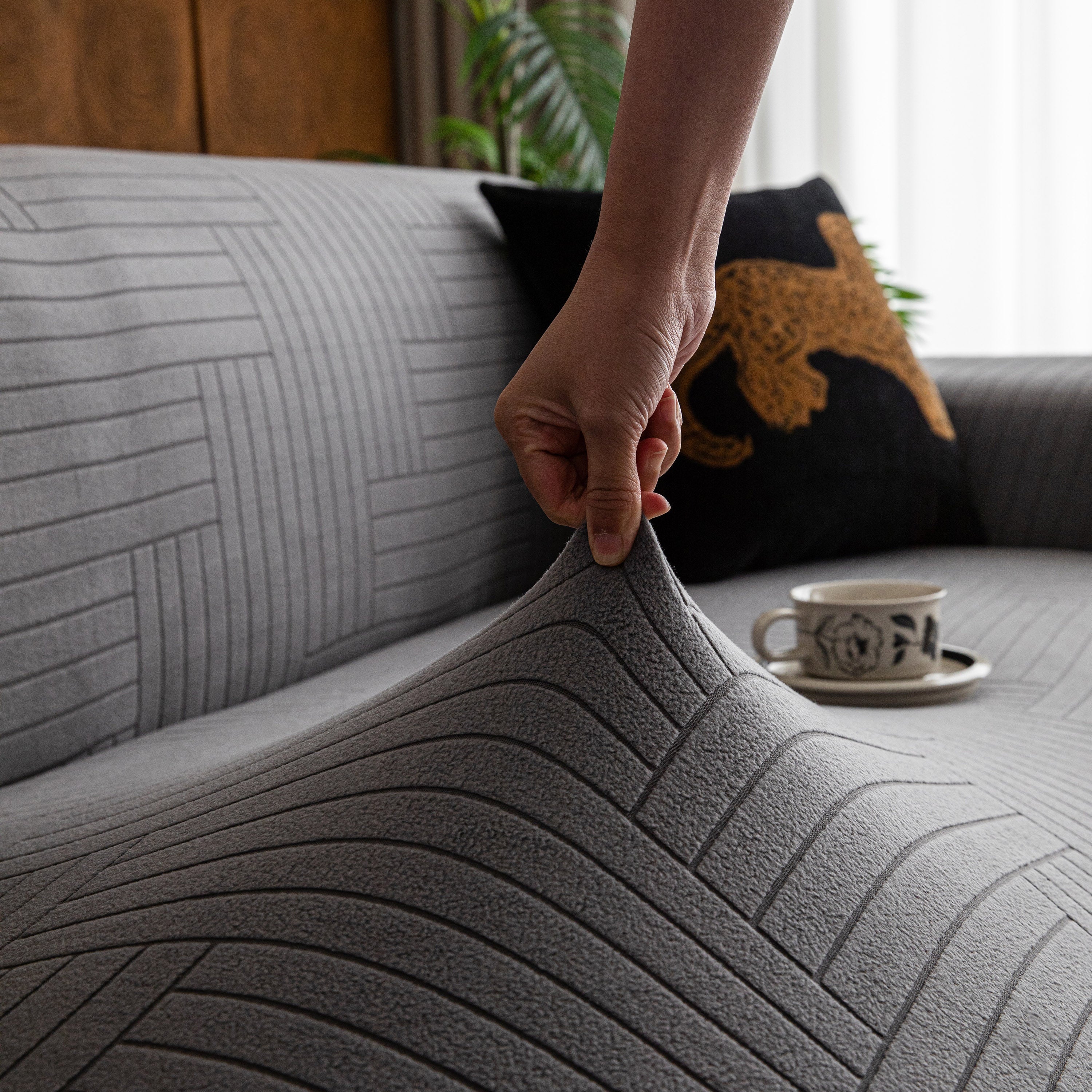 Modern Geometric Jacquard Spandex Slipcover, High Stretch Form Fitting Couch Cover