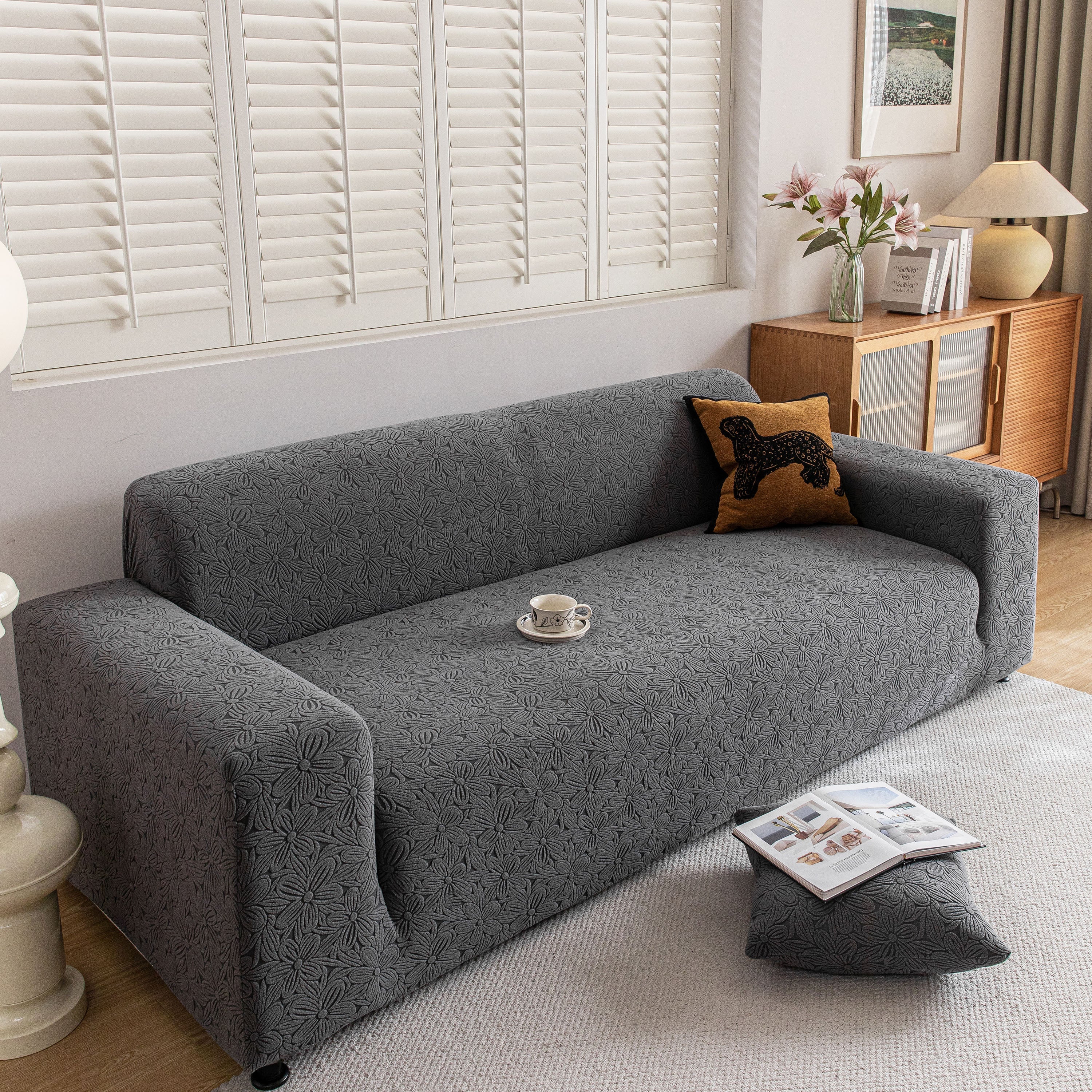 High Elastic Floral Couch Slipcover, Jacquard Stretch Non-Slip Furniture Protector