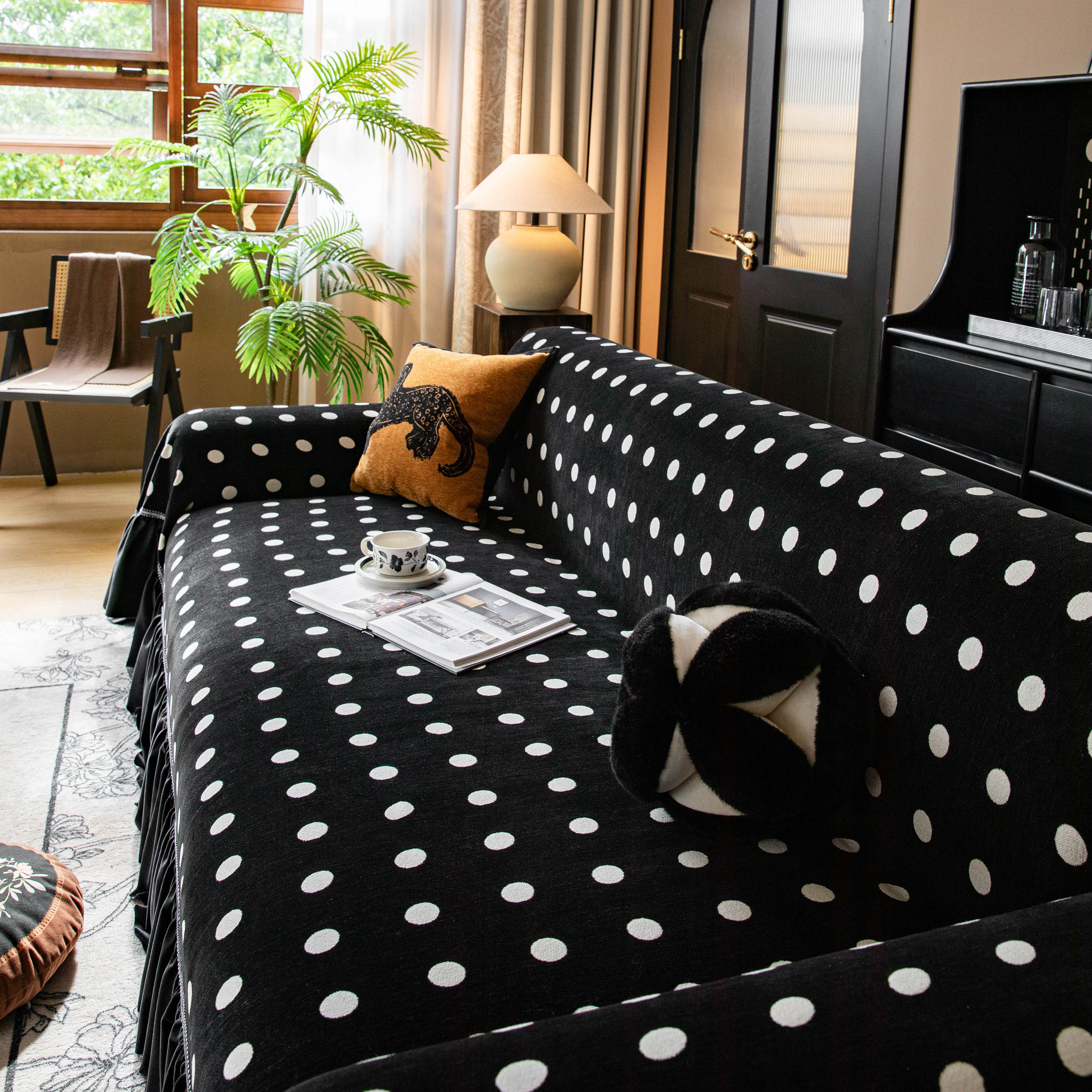 Polka Dot Ruffled Sofa Throw Cover, Decorative Couch Protector with Vintage Charm