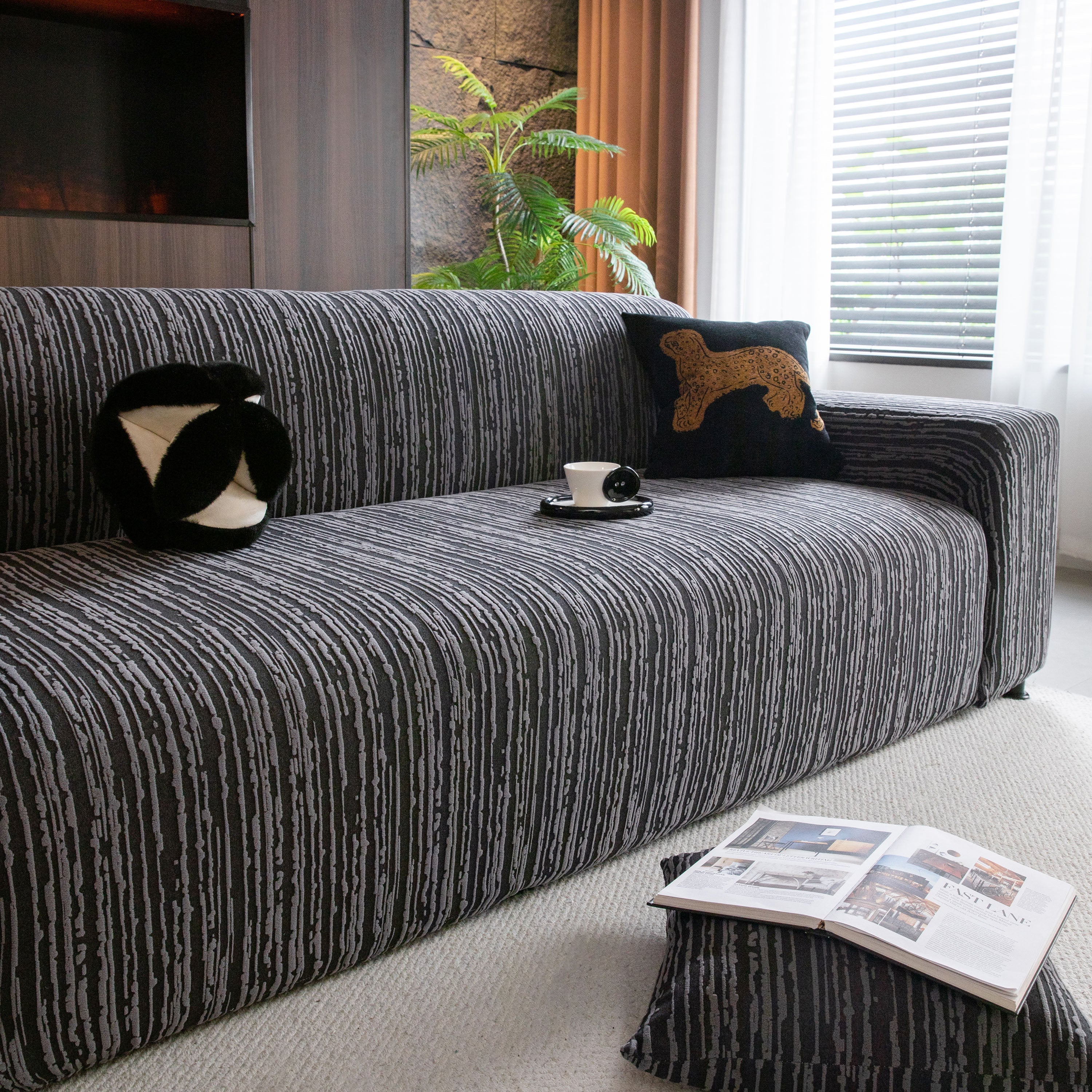 High Stretch Couch Slipcover with Abstract Stripe, Washable Non-Slip Cover for Dogs