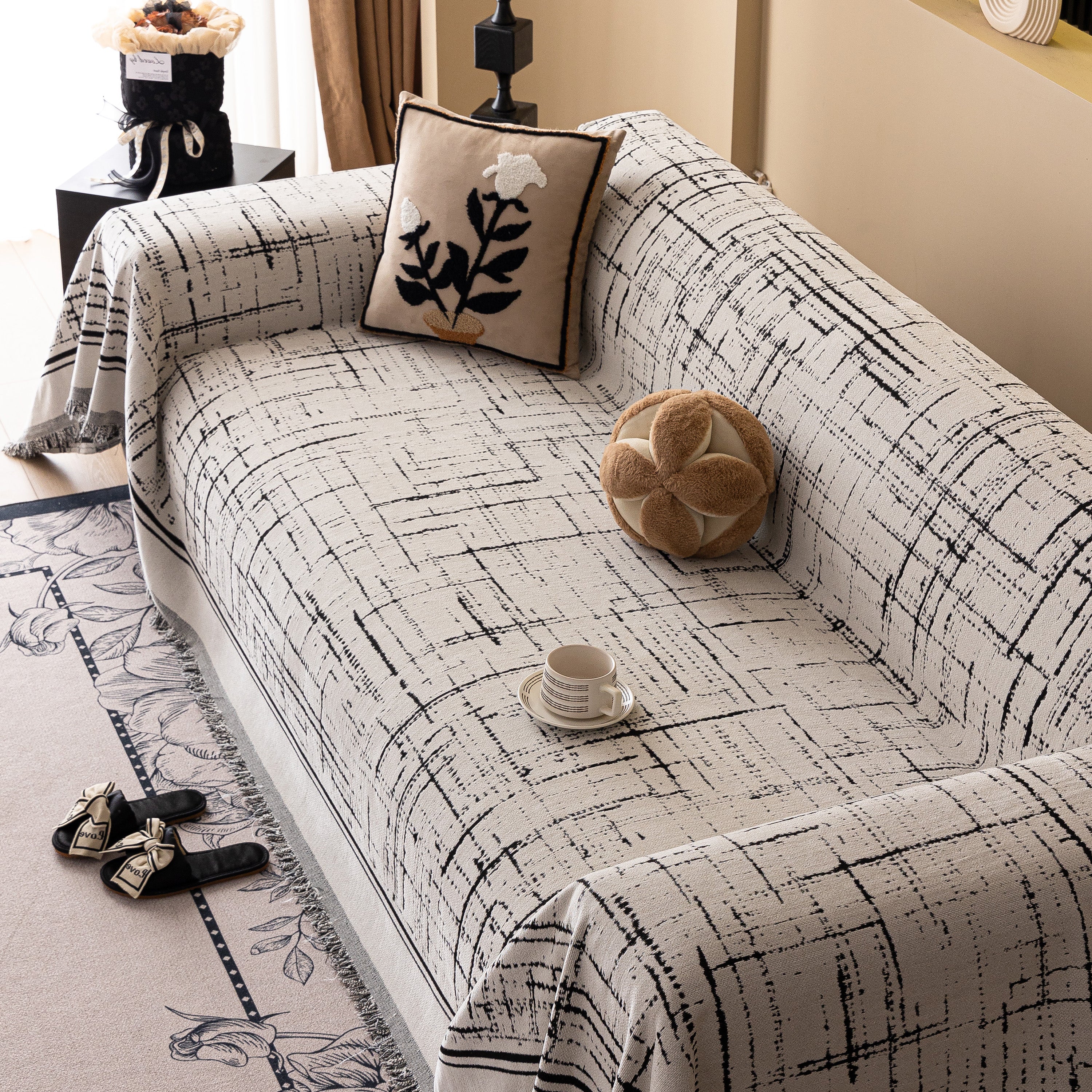 Modern Couch Protector Blanket Woven Chenille Sofa Cover Throw with Artistic Grid