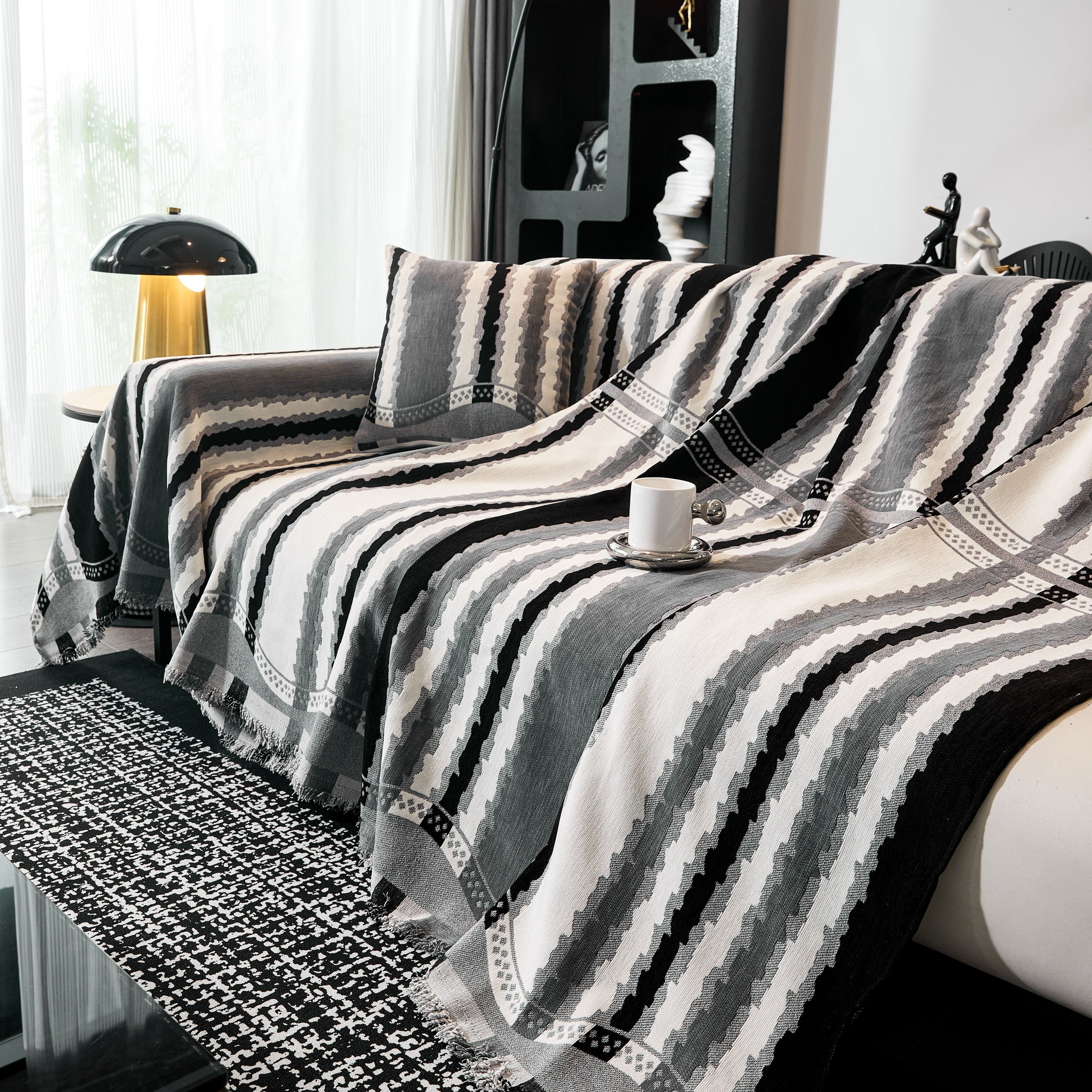 Striped Chenille Sofa Throw Covers, Boho Style Cozy Couch Protector Blanket