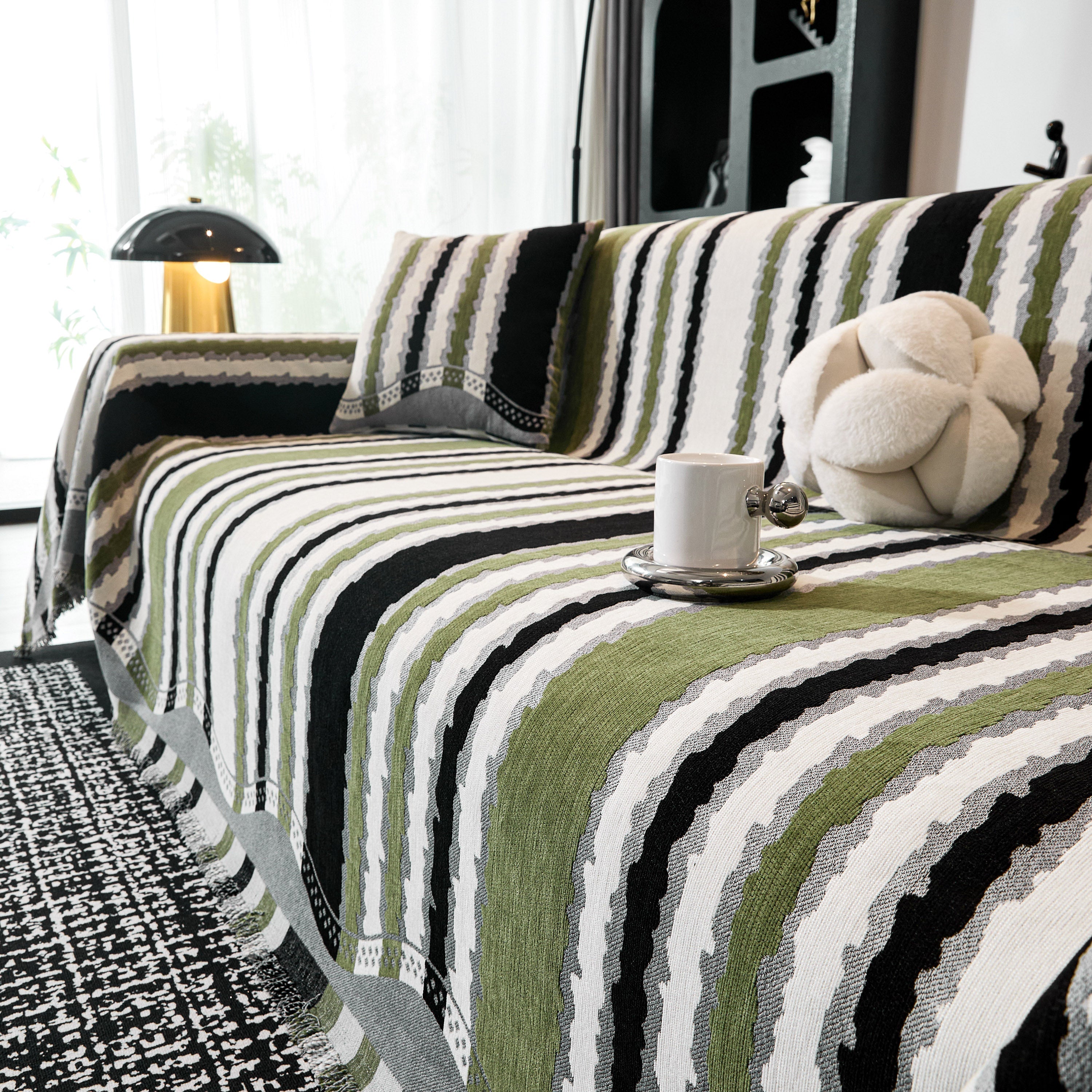 Striped Chenille Sofa Throw Covers, Boho Style Cozy Couch Protector Blanket