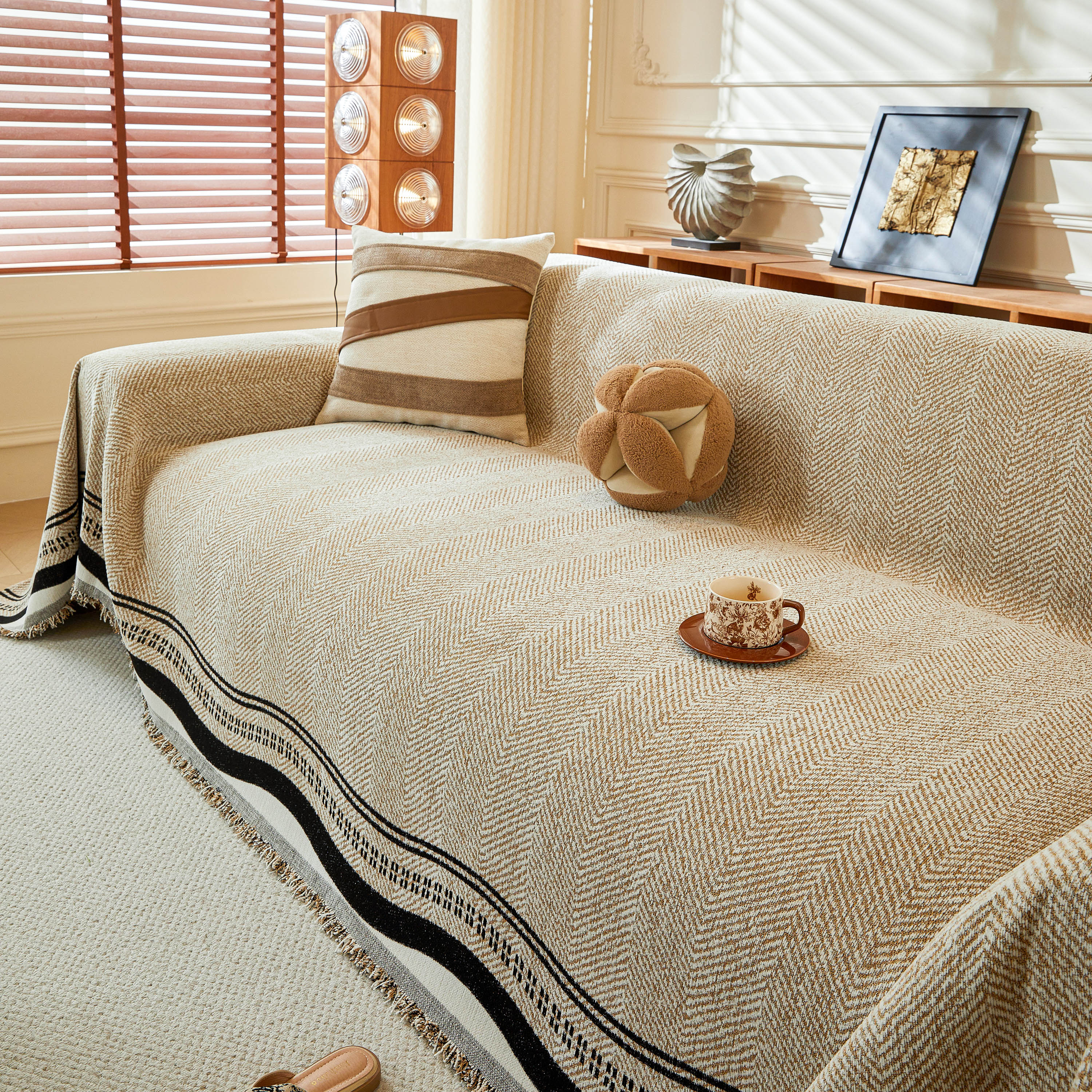 Reversible Herringbone Sofa Cover, 2-in-1 Classic British Throw Blanket for Couch
