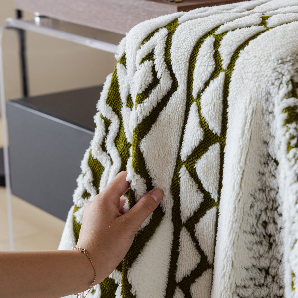 Bohemian Tufted Sofa Cover, Plush Fleece Throw Blanket with 3D Woven Aztec Stripes