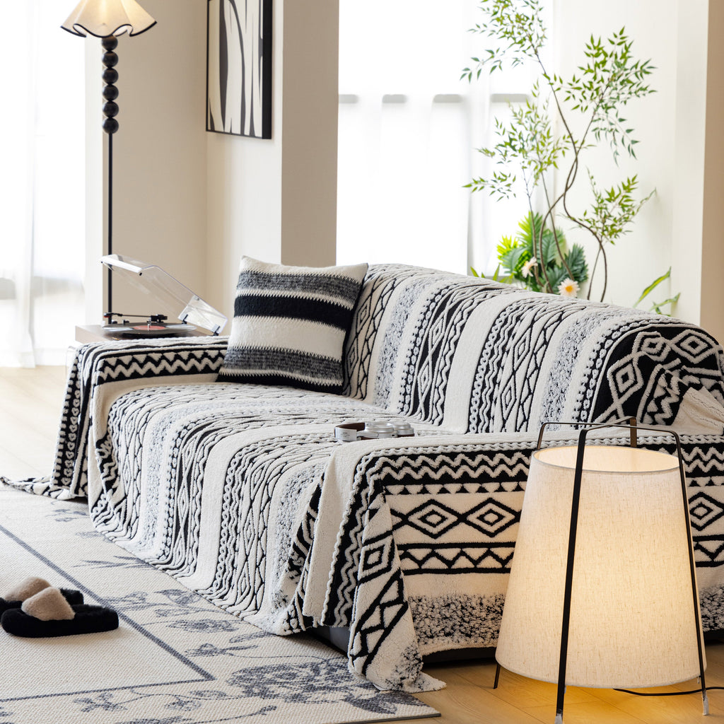 Bohemian Tufted Sofa Cover, Plush Fleece Throw Blanket with 3D Woven Aztec Stripes