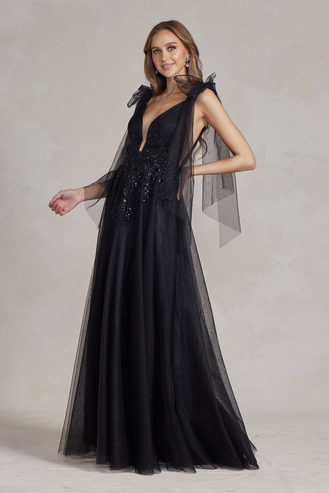 Sleeveless A-Line Lightweight Tulle Gown w/ Plunging Neckline & Off Shoulder Bow Drapes NXE1075