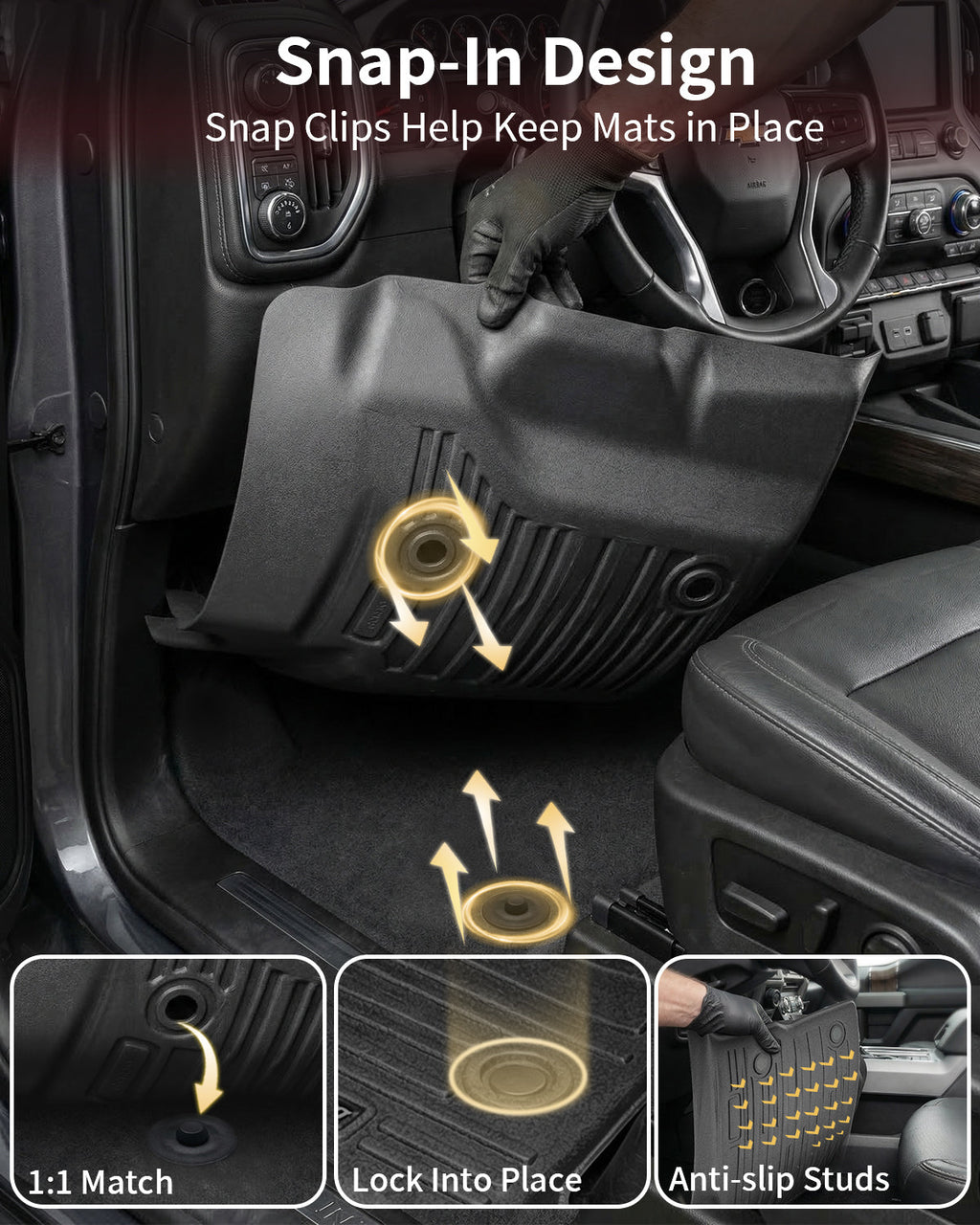 Umbrauto Custom Fit Floor Mats for Chevy Silverado/GMC Sierra Double Cab 1500 2014-2018, 2500HD/3500HD 2015-2019, All Weather TPE Truck Floor Liners for Carpet Floor, Front&Rear Row, Footwell Coverage