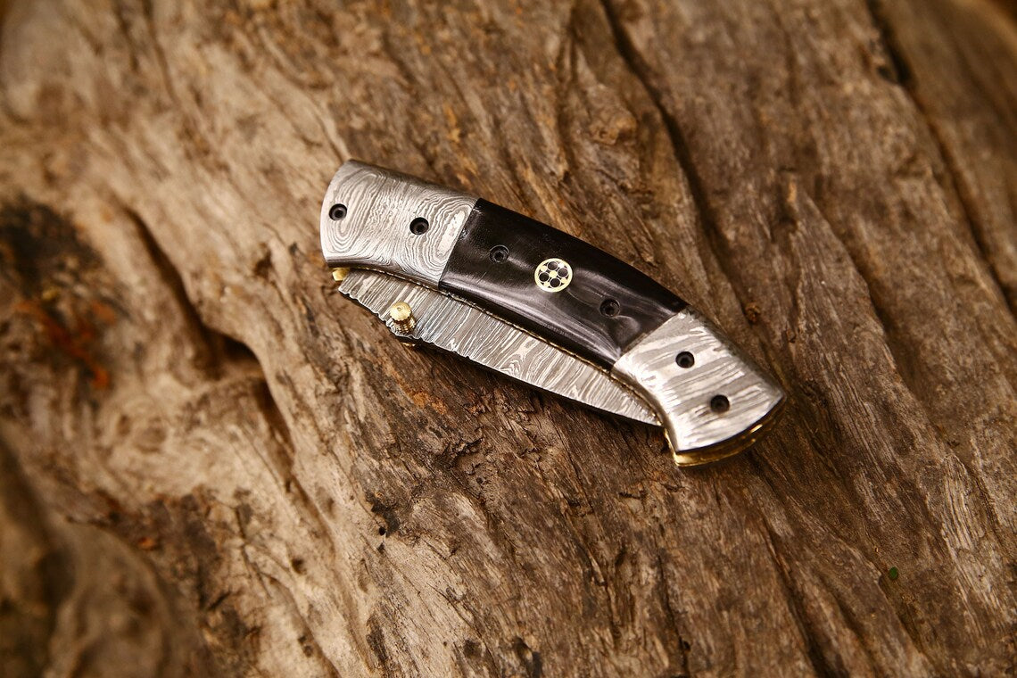 New Custom Handmade Damascus Steel Tanto Blade EDC Folding Pocket Knife | 3-Inch Blade, Buffalo Horn Handle, Leather Case | Perfect Gift by KBS Knives