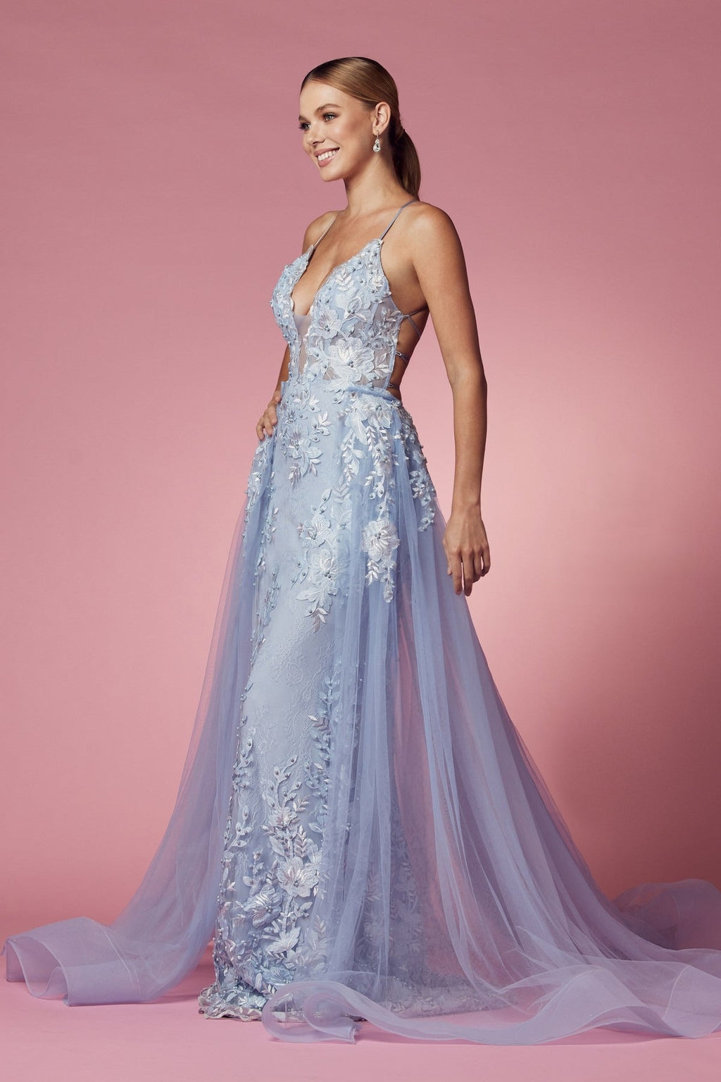 Pearls Embellished Long Formal Gown w/ Floral Motif & Plunging Neckline NXF485