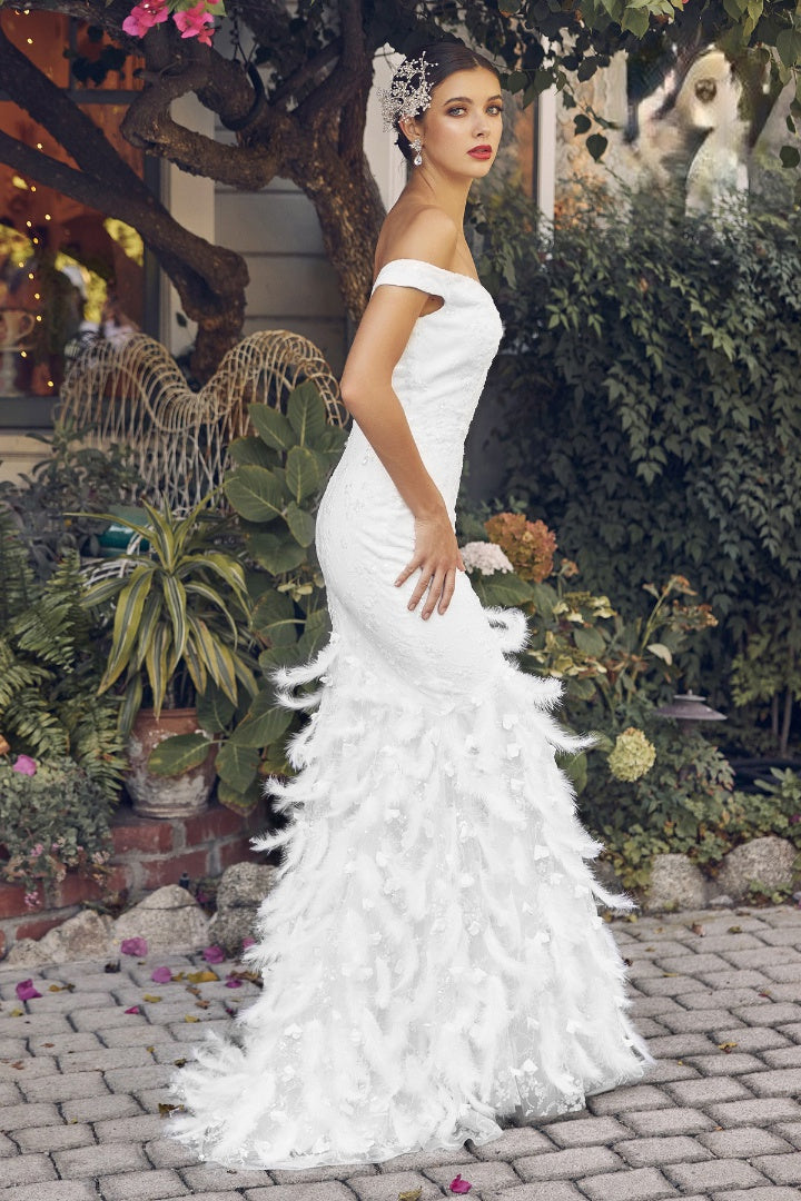 Off The Shoulder Modern Bridal Gown w/ Feathered Skirt & Floral Lace NXC1106W