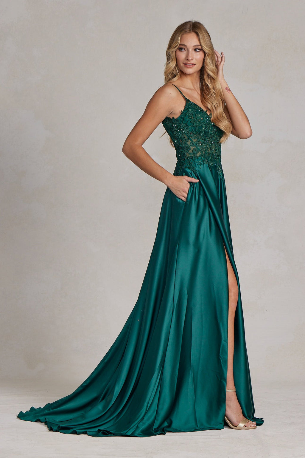 Delicate Lace Embellished A-Line Graduation Satin Gown w/ Side Pockets & Daring Leg Slit NXK1121