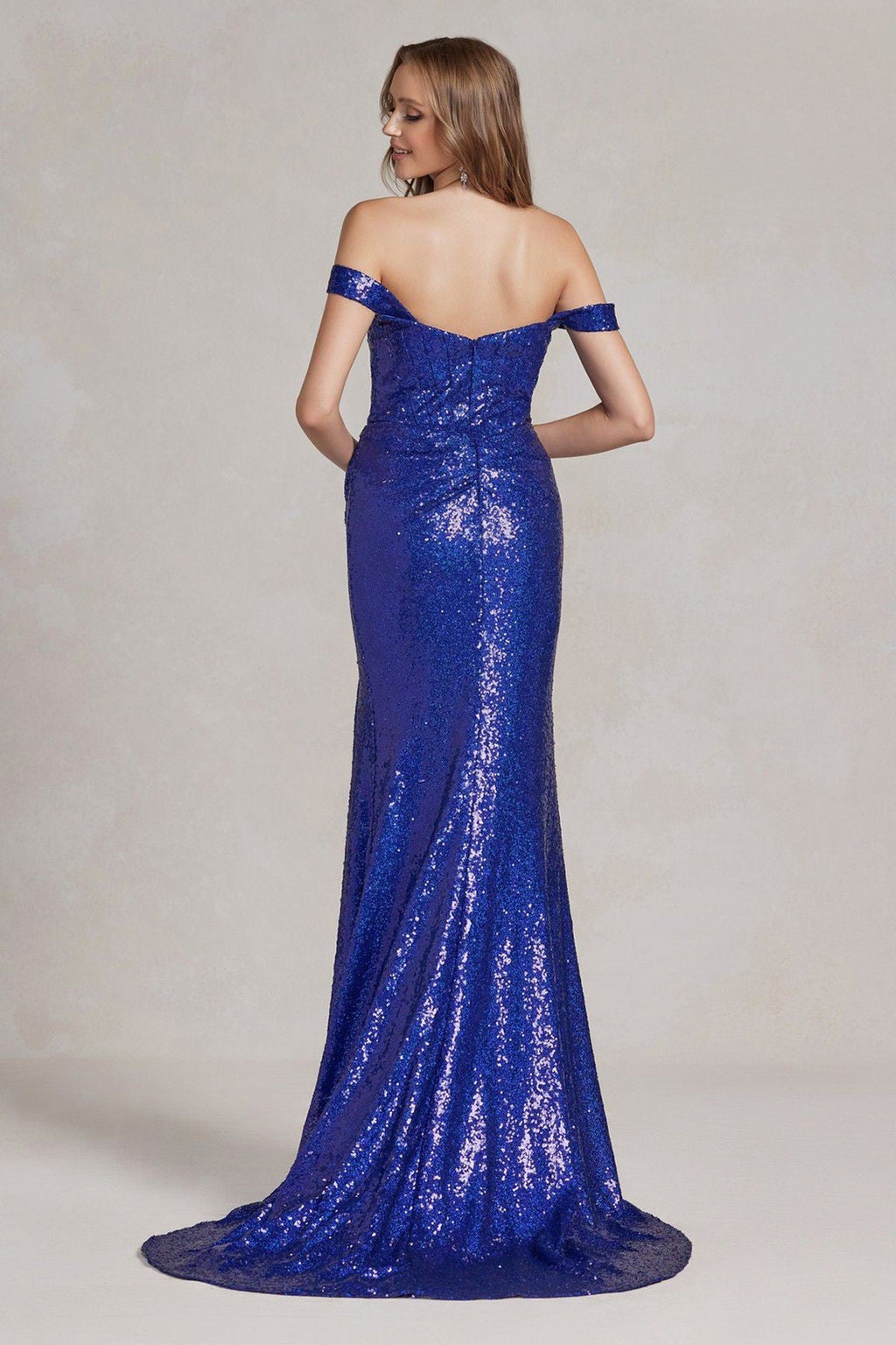 Off The Shoulder Sequins Embellished Evening Dress w/ Straight Across Neckline NXR1203