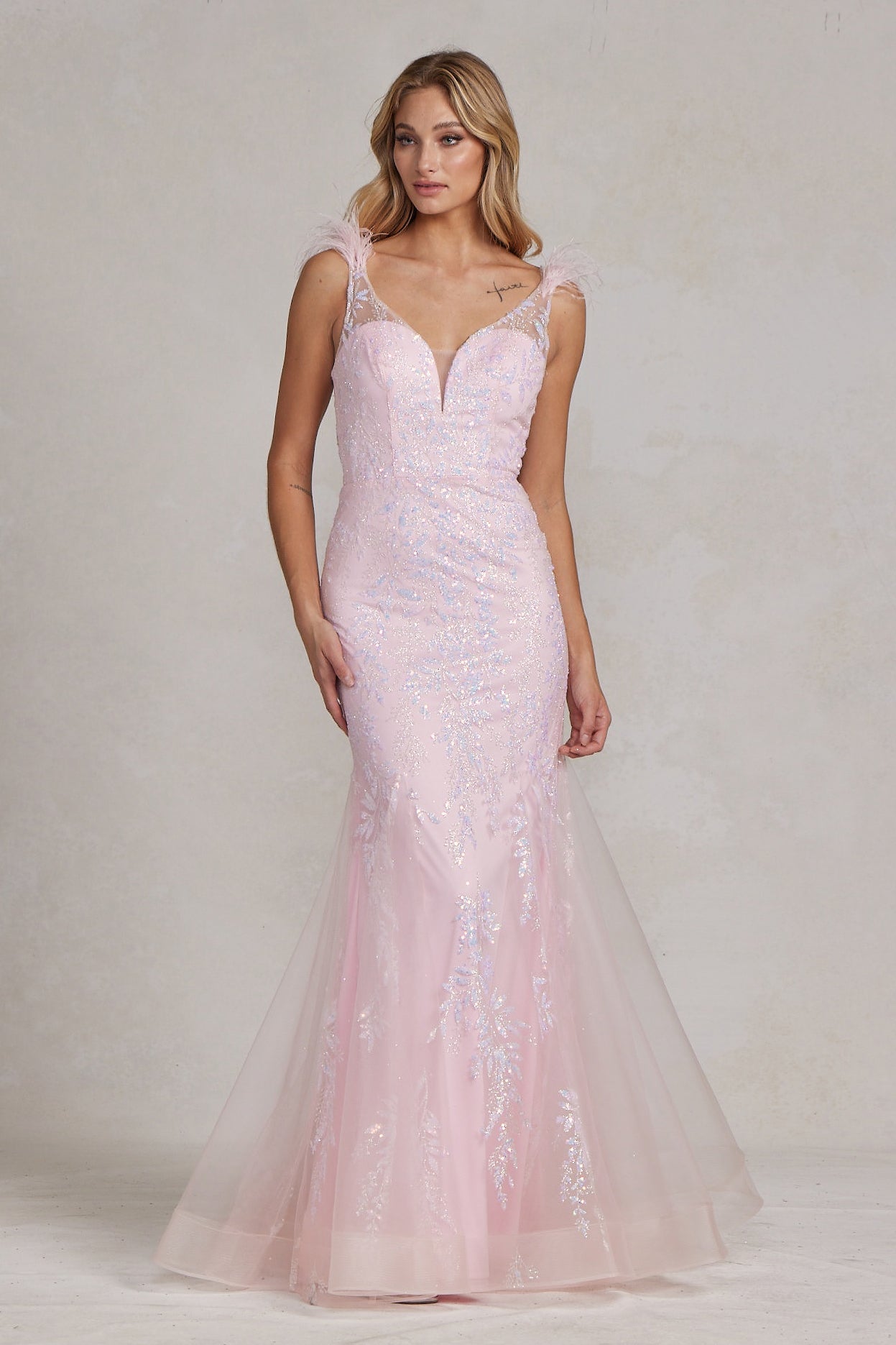 Delicate Feather Embellished Long Senior Party Dress w/ Sequins & Sweetheart Neckline NXT1208