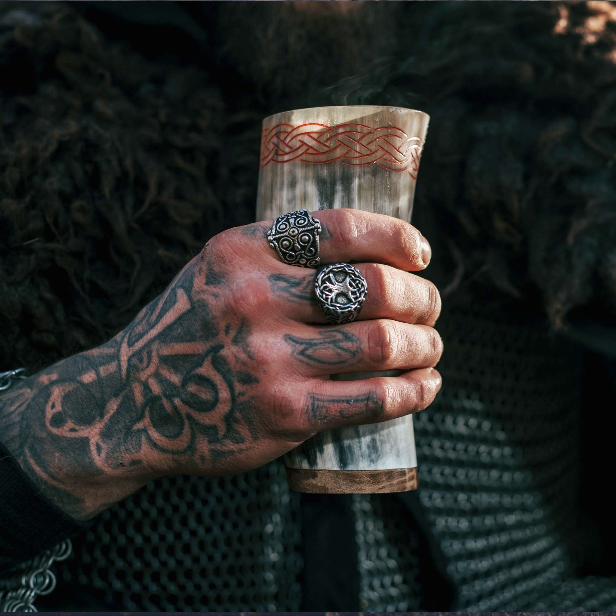 Viking Horn Cups Set of 4 – Celtic-Engraved Ox Horn