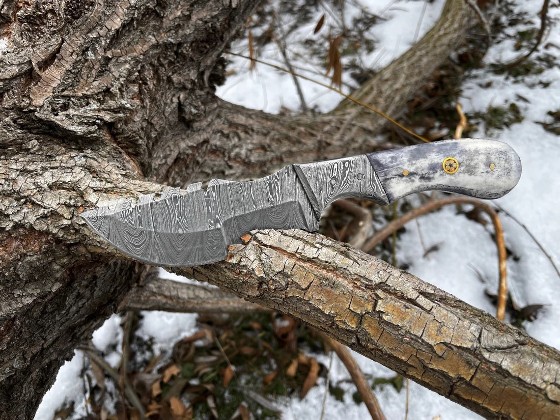 Damascus Steel Handmade Tom Brown Tracker Knife with Color Bone and Damascus Bolster Handle - 12 Inches Overall Length