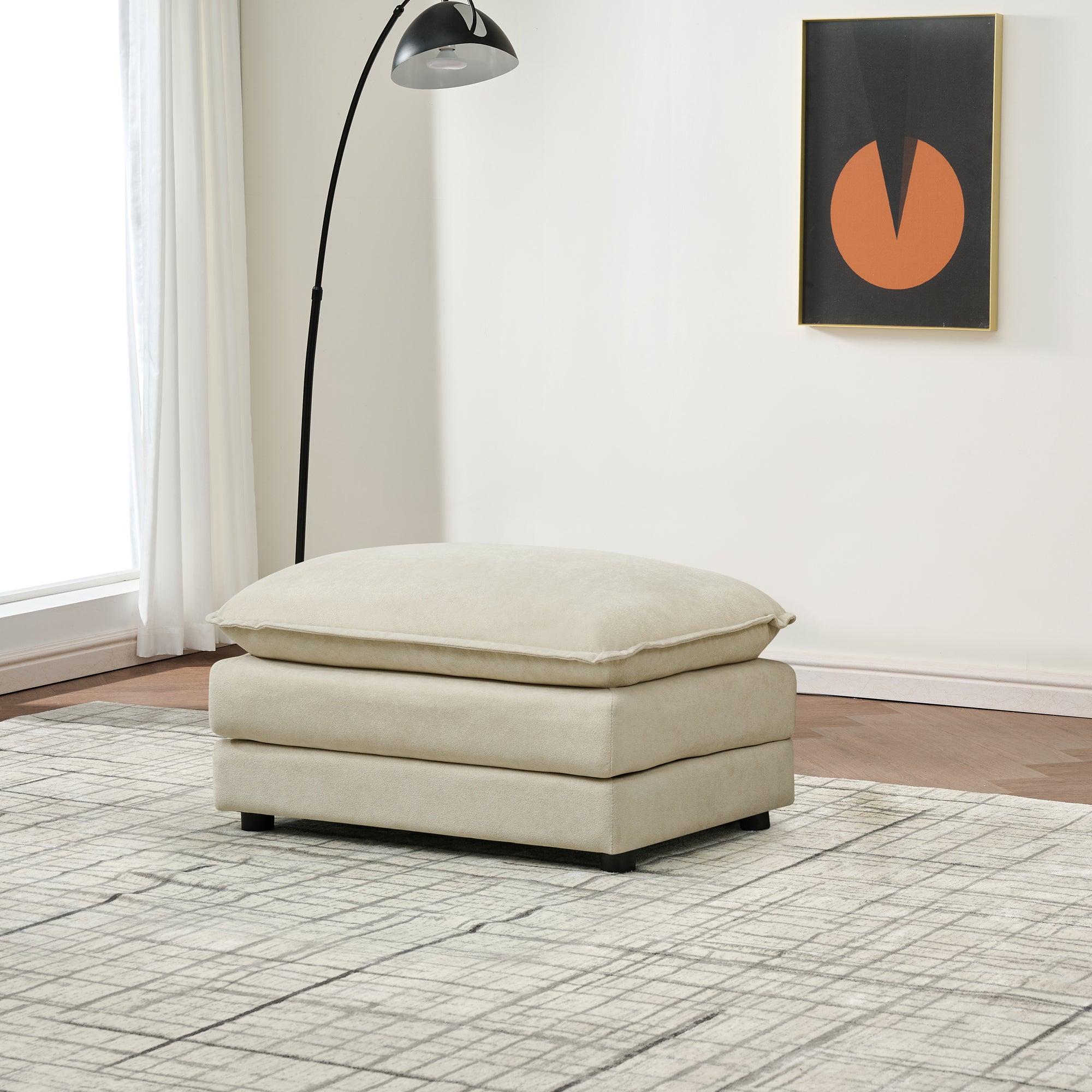 Modular Ottoman-Style Deep Seat Chenille Sofa with Cushions, Off-White, 110-Inch L-Shaped