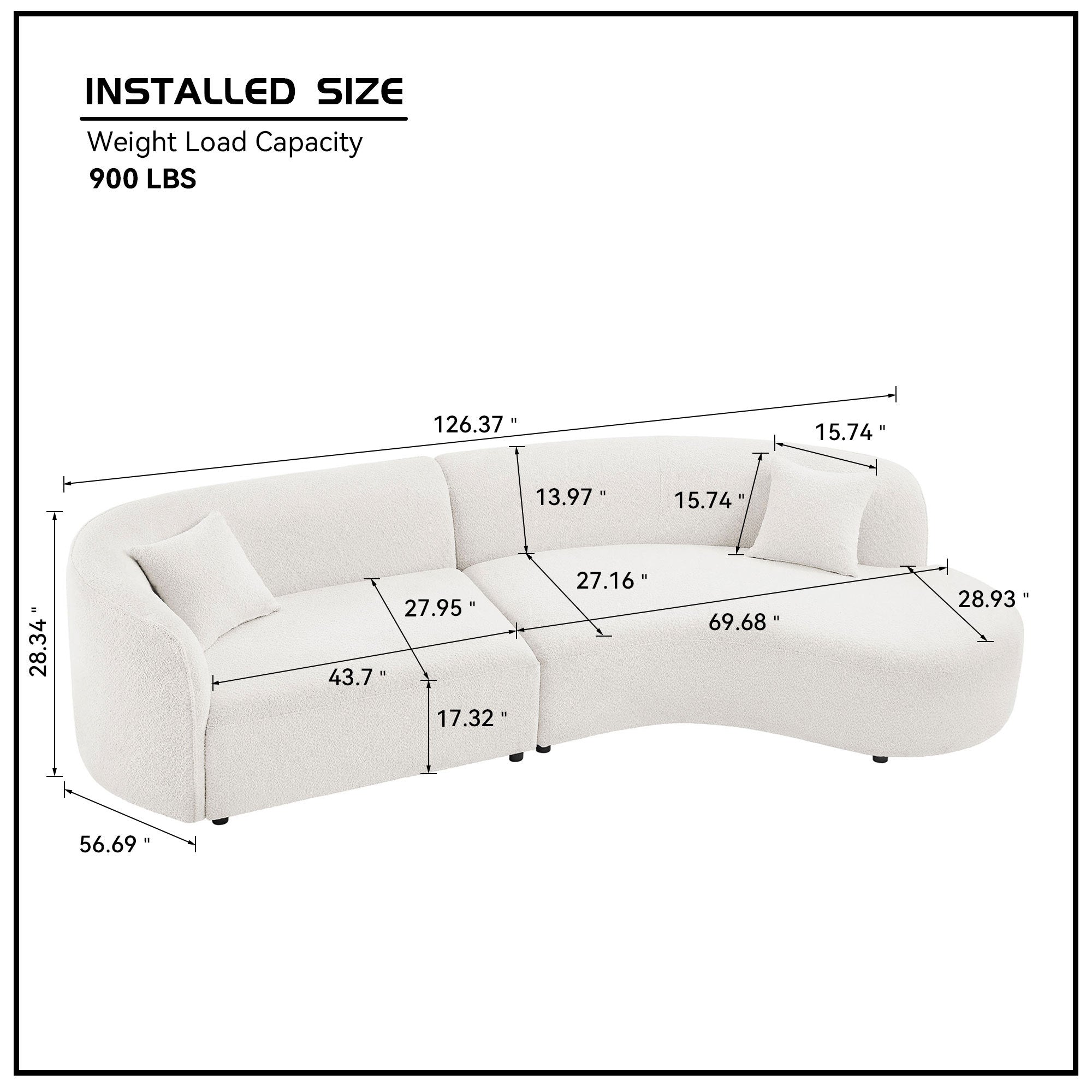 Luxury Modern Style Living Room Upholstery Curved Sofa with Chaise 2-Piece Set, Right Hand Facing Sectional,  Boucle Couch, White