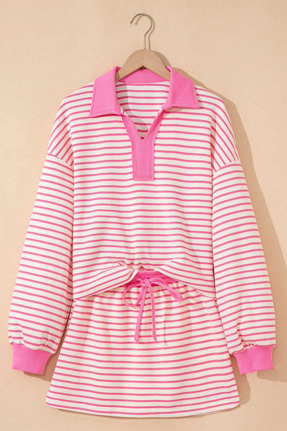 Stripe Collared V-Neck Pullover and Skort Set