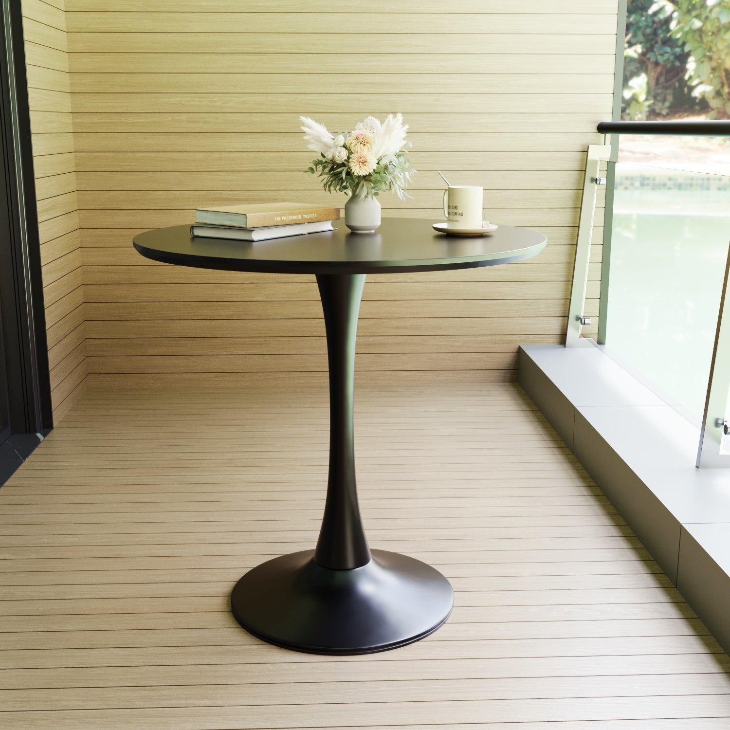 Mid-Century Black Round Dining Table with MDF Top & Pedestal Base for 2-4 People