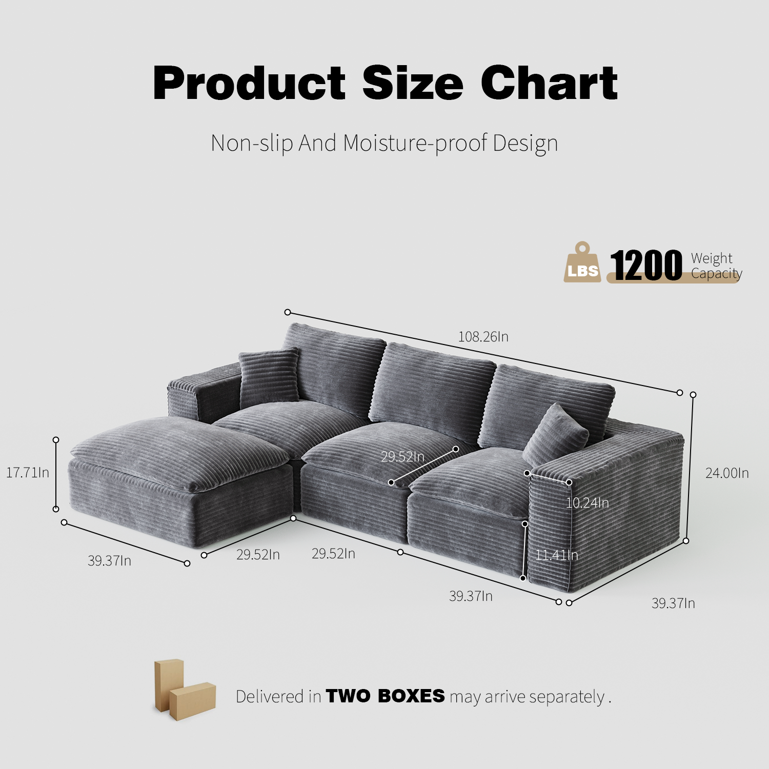 108' Cloud Sectional Couch with L-Shape Chaise, Left-right interchangeable,Modern Modular Sofa with Deep Seat, Upholstered Couches for Living Room Bedroom,No Assembly Required, Soft Plush Corduroy Fab