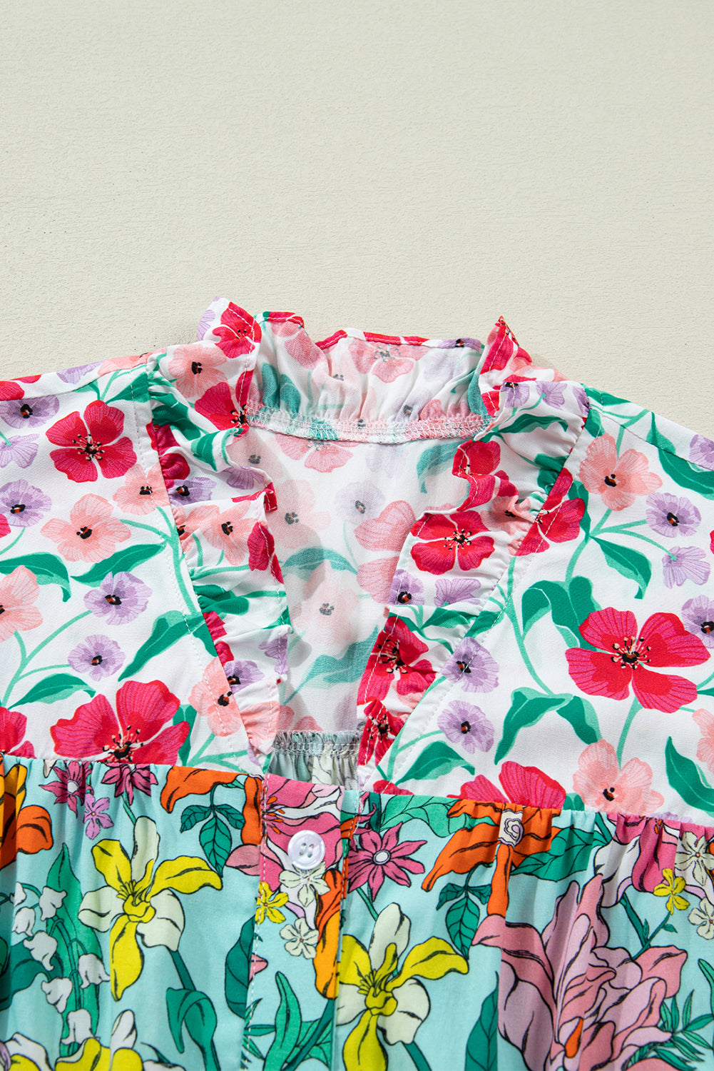 Floral Flutter Sleeve Split Neck Buttoned Blouse