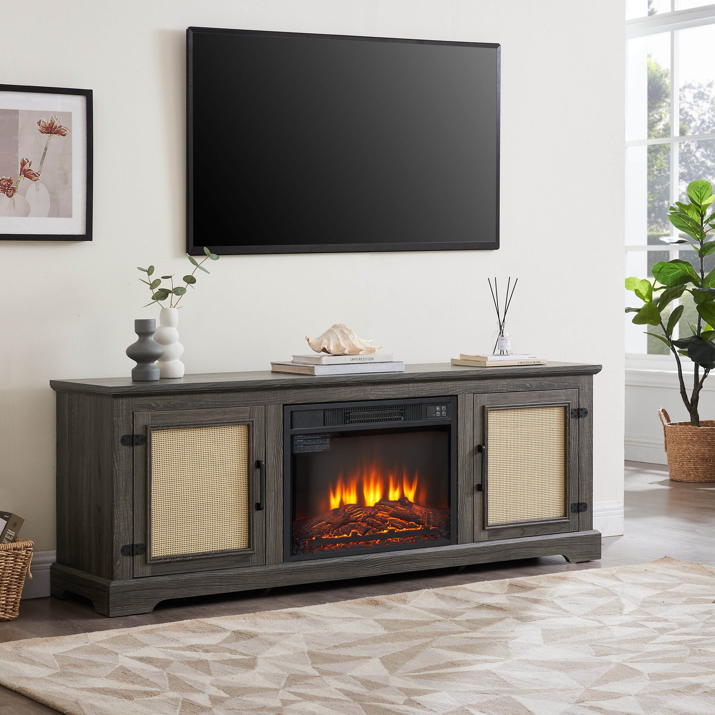 Natural Rattan Door Cabinet with Adjustable Shelf Wood, Farmhouse Rattan TV Stand Console Table for TVs up to 70 Inches, Storage tv stand with 23' fireplace insert, 65'W*15.55'D*23.86'H,GREY