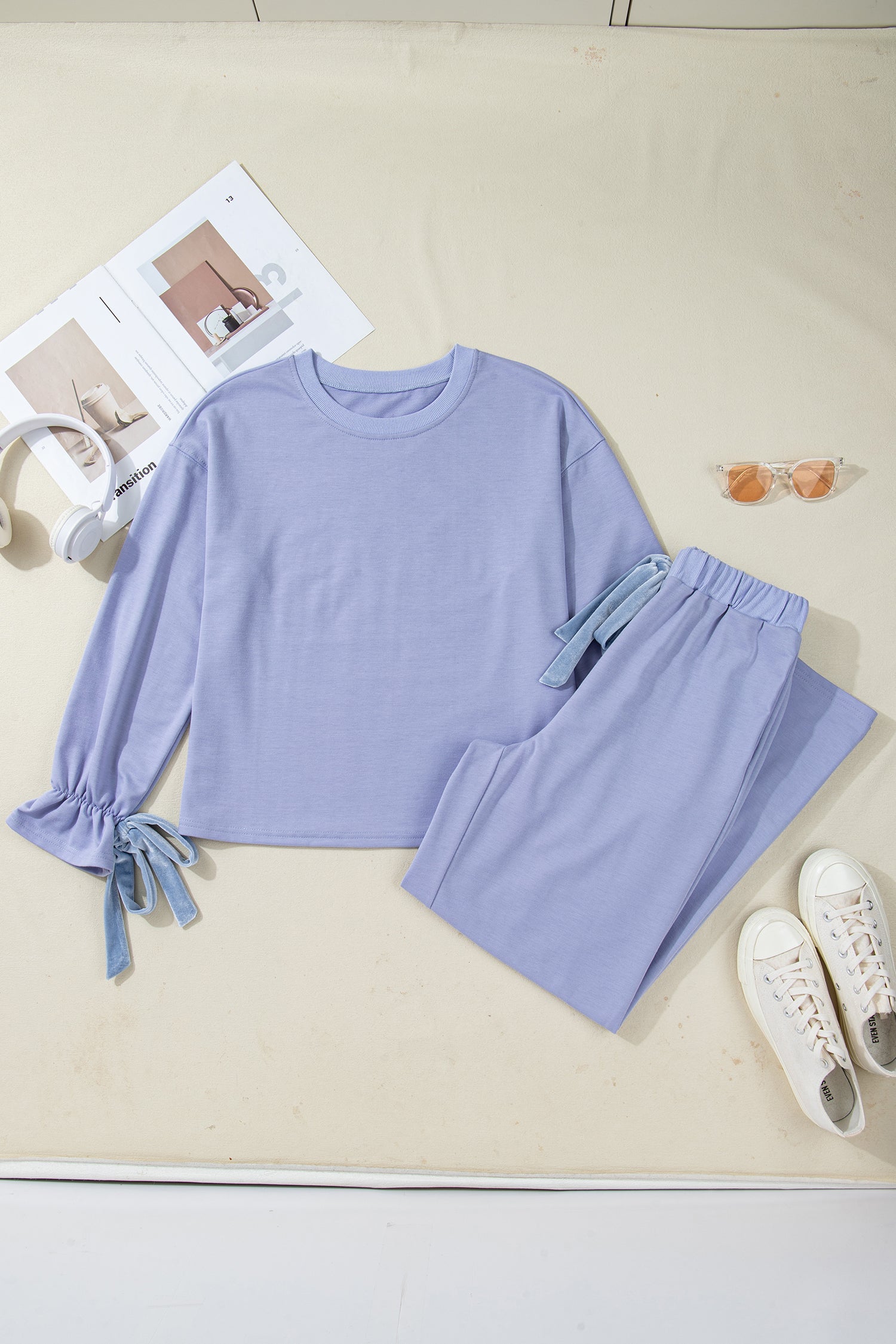 Flounce Long Sleeve Top & Drawstring Pants Velvet