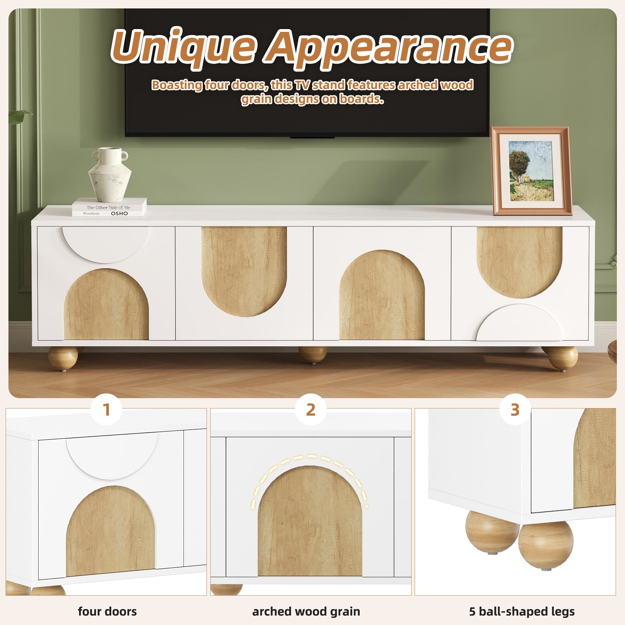 Farmhouse TV Stand with Cable Holes for TVs up to 75', Cream Style Media Console with Rebound Device, Elegant Entertainment Center with 5 Solid Wood Legs for Living Room, Bedroom, White, 69.6'W