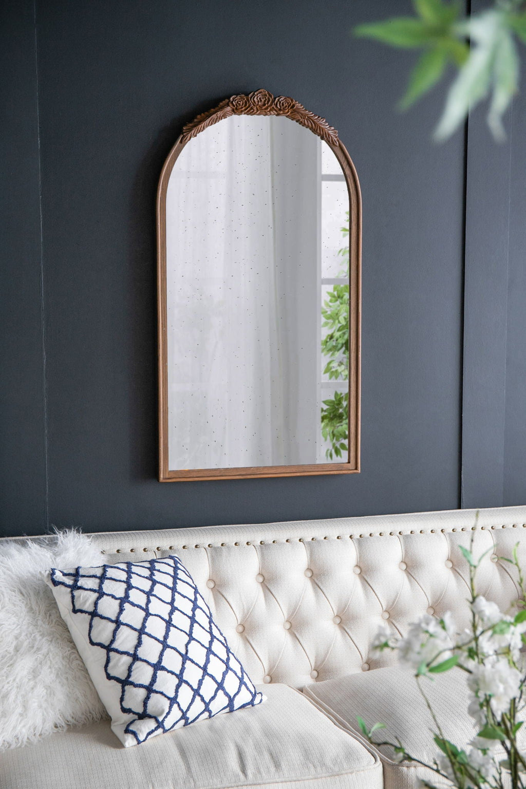 Hand Carved Rose Antique Mirror Frame, Wood Arch Mirror Wall Decor For Living Room