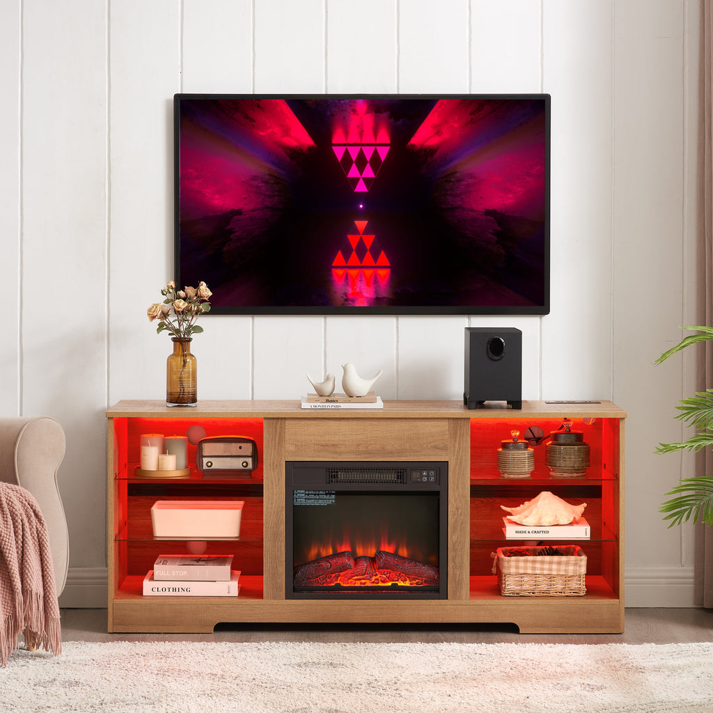 TV Stand Electric Fireplace  Glass Shelves, 3D Fireplace TV Stand with LED Lights Wood with USB Charging Outlet Modern Television Table Center for TV up to 62' OAK 58''W*15.5''D*24.4