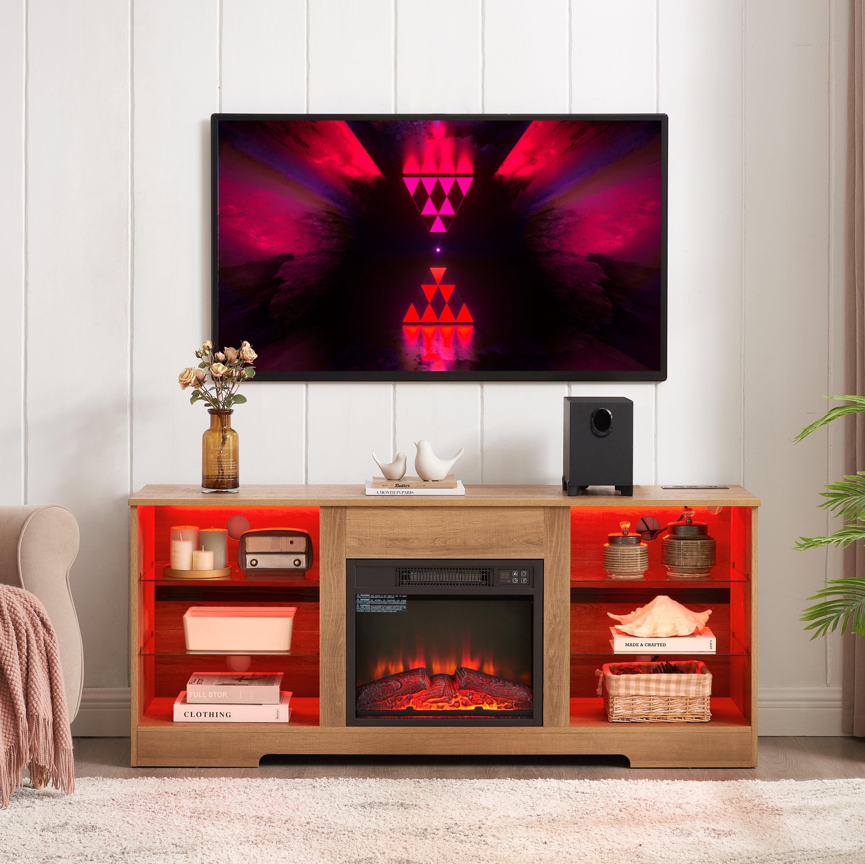 TV Stand Electric Fireplace  Glass Shelves, 3D Fireplace TV Stand with LED Lights Wood with USB Charging Outlet Modern Television Table Center for TV up to 62' OAK 58''W*15.5''D*24.4