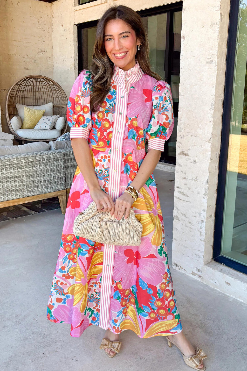 Floral Stripe Trim Puff Sleeve Buttoned Maxi Dress