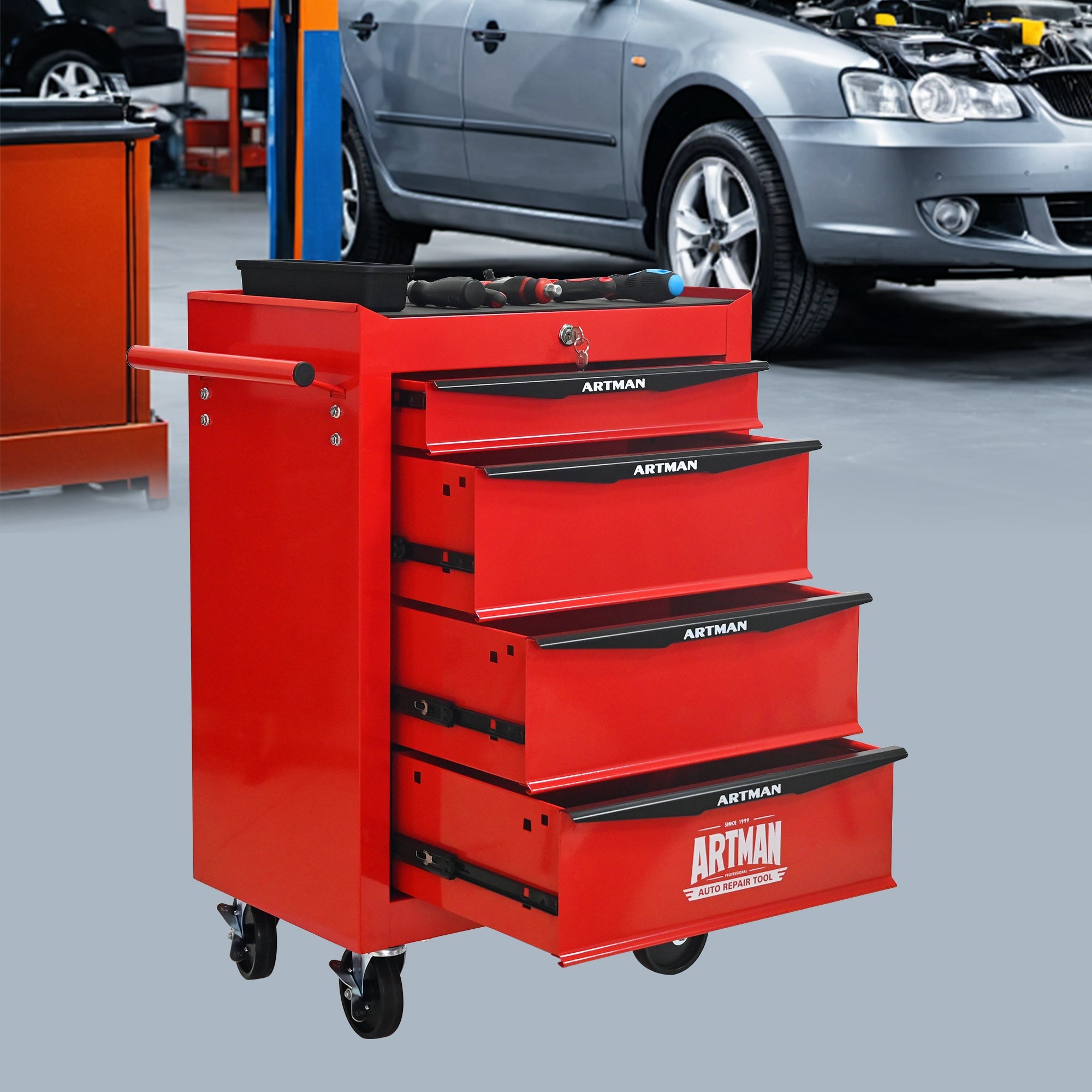 Rolling Metal Tool Chest with 4 Drawers, 20' Steel Storage Cabinet with Ball Bearing Slides, Black and Red Finish