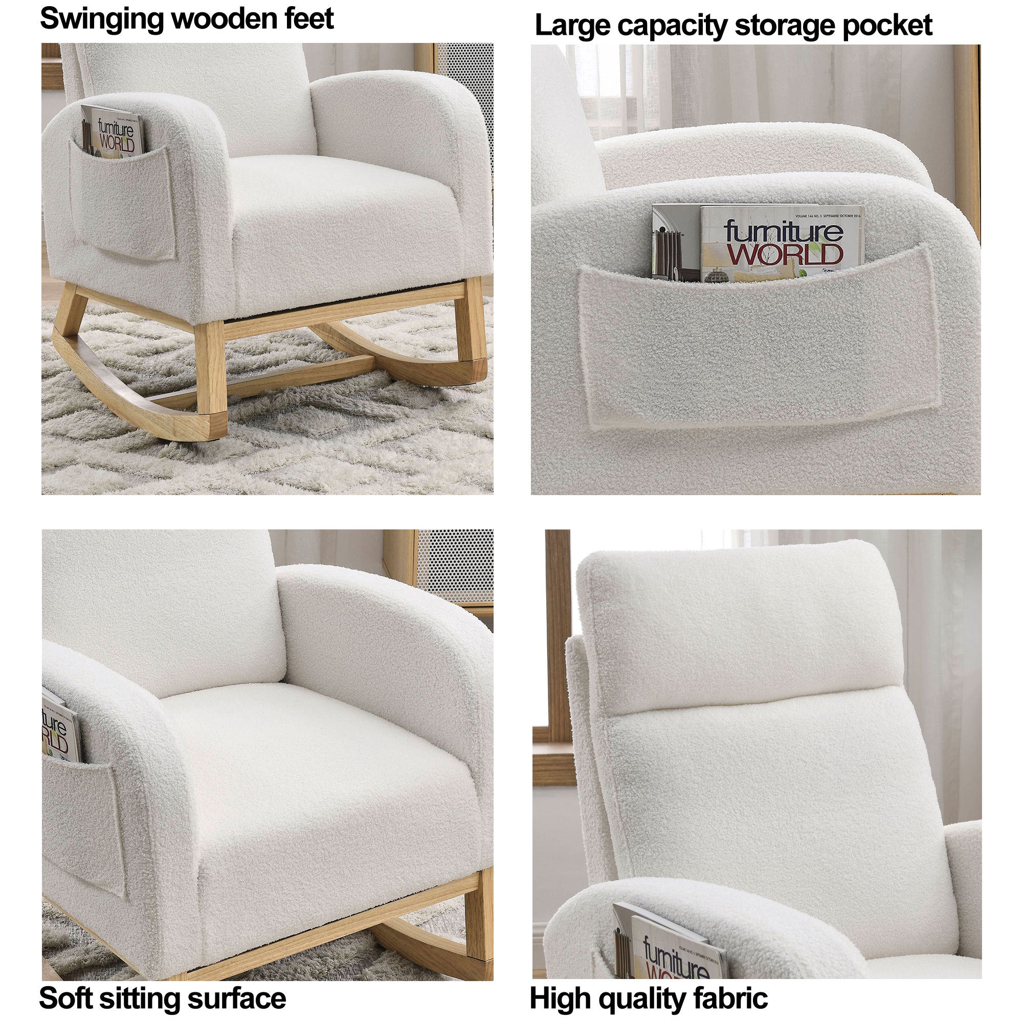[Video] Welike 27.6'W Modern Accent High Backrest Living Room Lounge Arm Rocking Chair, Two Side Pocket ,Teddy White (Ivory)